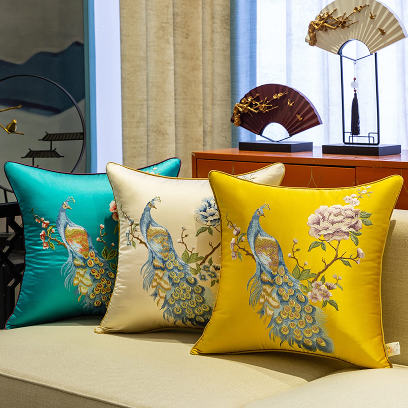 Amazon｜刺繍孔雀の投球枕カバー 2 パック ソフト サテン枕