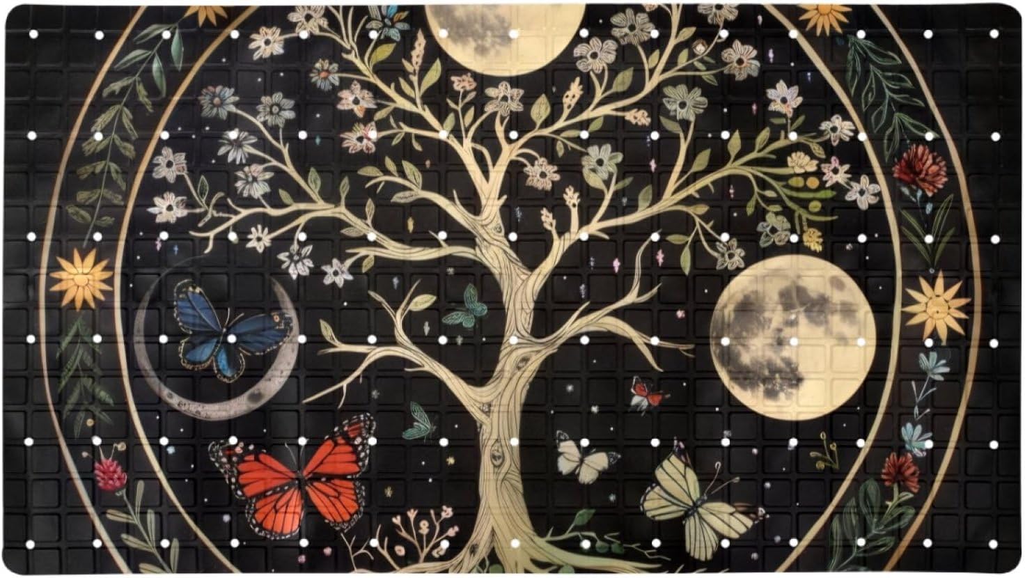Non Slip Bath Mat for Tub, 15.1 x 26.8 Inch Bathtub Mat Machine Washable Shower Mat with Drain Holes and Suction Cups (Aesthetic Moon Phase Nature Flower Plant Butterfly)