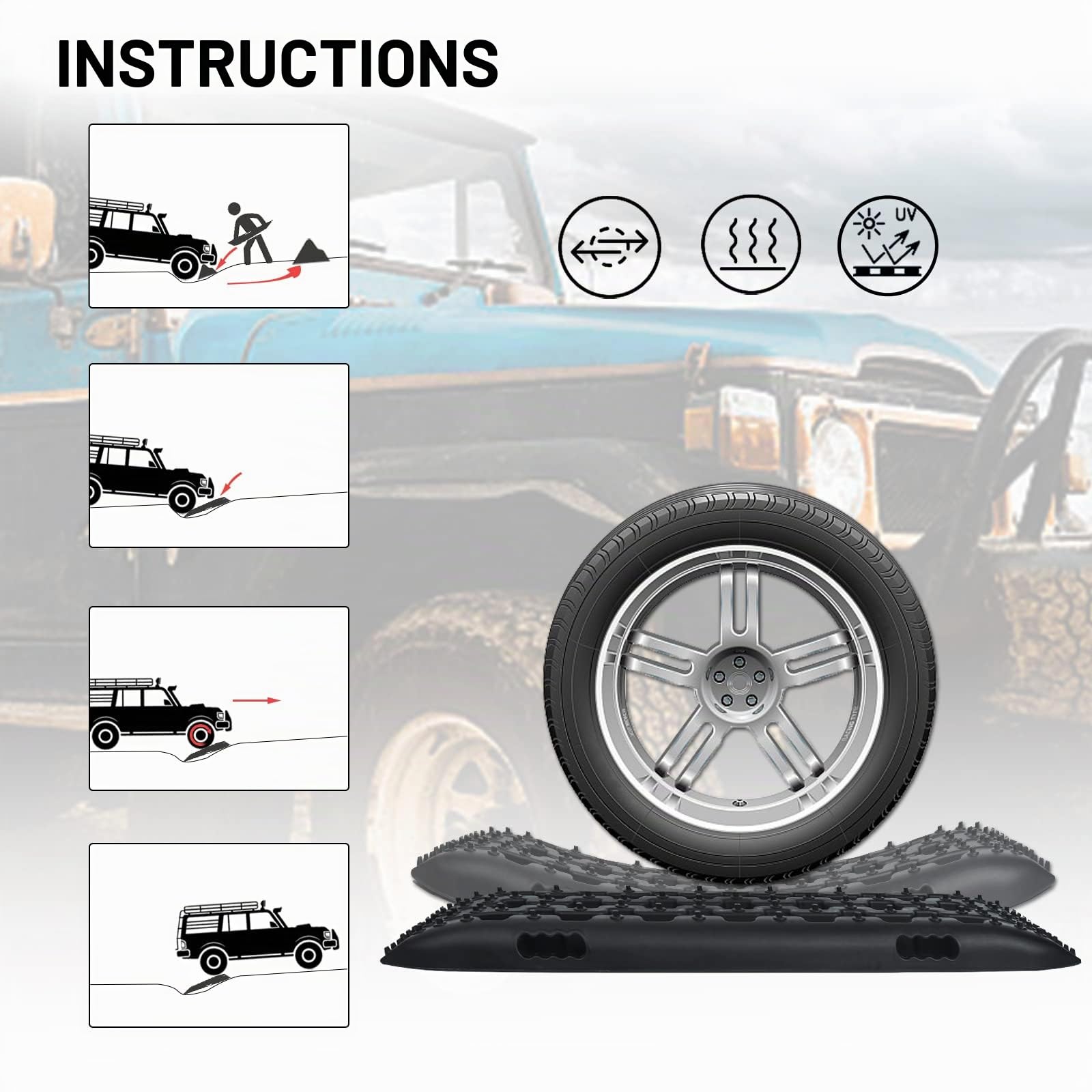 YRHome 2 plaques de sable, aide au démarrage pour camping-car, planche de récupération, traction, bande de traction, noir, boue, sable, neige, échelle à pneus