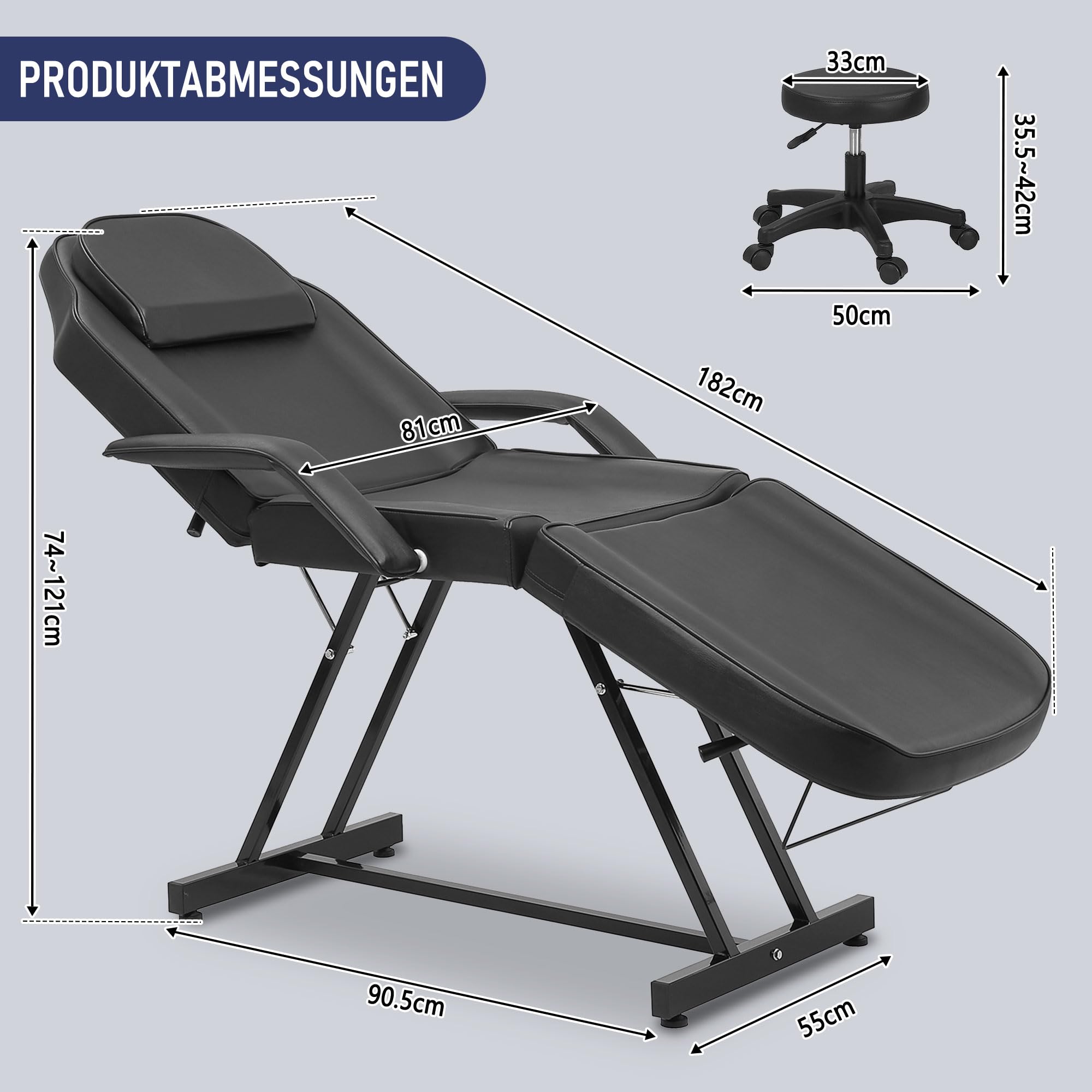 Massage Liege mit Hocker, Verstellbarer Kosmetikstuhl mit hydraulischer Höhenverstellung, Rückenlehne & Beinauflage, Profi Massageliege für Tattoo, Wimpern, Kosmetikstudio, Schwarz