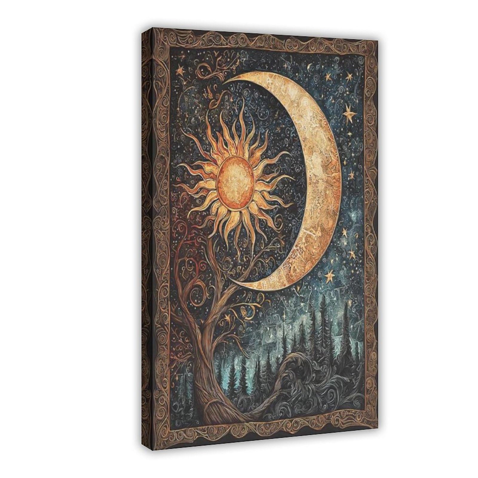 Bareronor Celestial Sun And Moon Poster Canvas Poster Bedroom Decor Landscape Office Room Decor Gift 24" L X 36" W