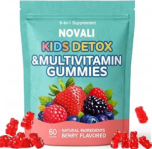 Novali Kids Detox Gummies, 9-in-1 Sugar-Free Zeolite Gummies, Mixed Berry Flavor with Vitamin C, Vitamin D3, B12 for Energy, Focus, Digestive, Immune, Antioxidant, 60 Gummies