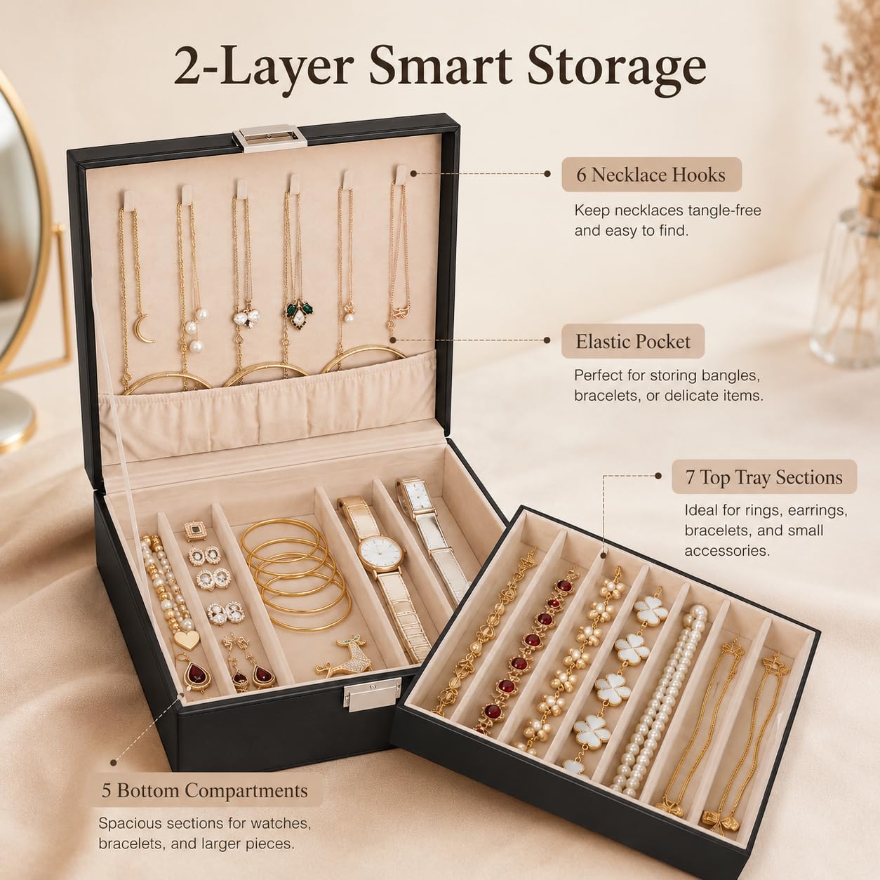 BEWISHOME Joyeros Mujer Organizador Caja Organizador de Collares para Cadenas, Pulseras - 12 Compartimentos (7 Regulares + 5 Grandes), 6 Ganchos, 2 Capas-Joyero Mujeres,Organizador Joyas Negro ESSH31B