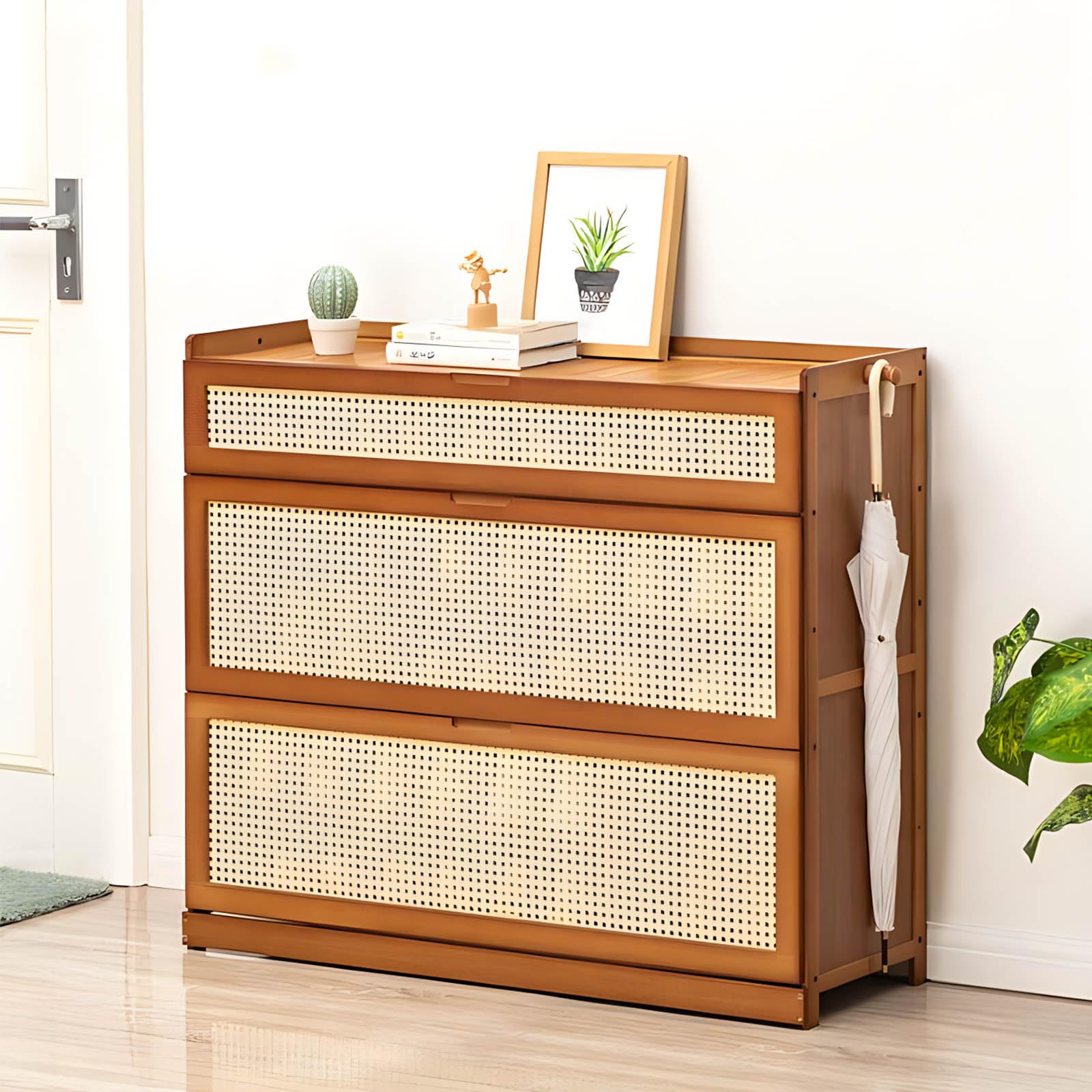 Scarpiera in bambù e Rattan con Ante a ribalta per Ingresso e Soggiorno, Sottile e Indipendente (80 * 33 * 115 cm)