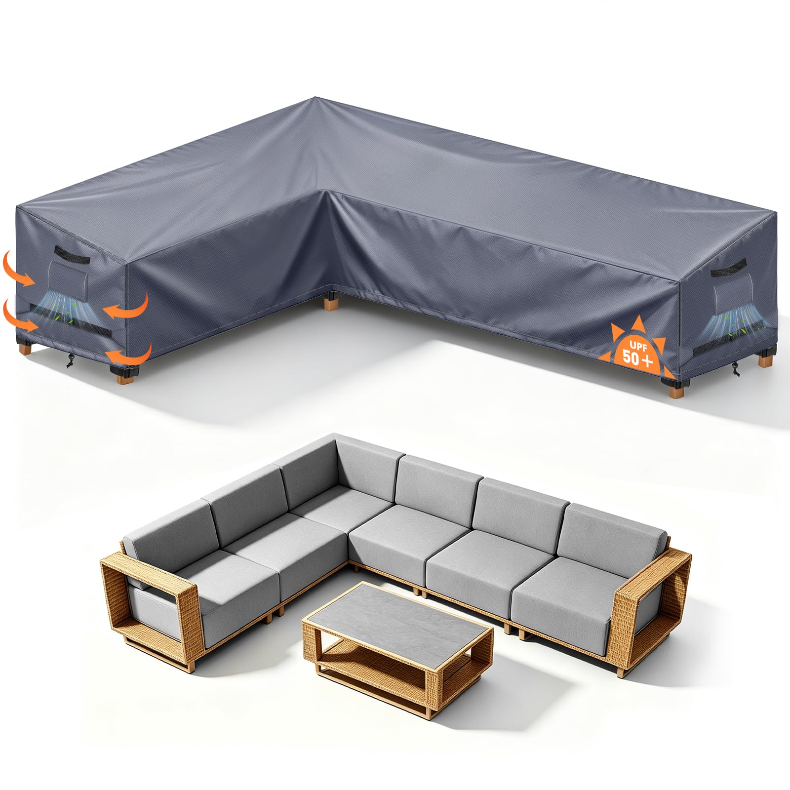 Garden L-Shape Furniture Corner Sofa Cover Waterproof, 210x260x90x80/65cm