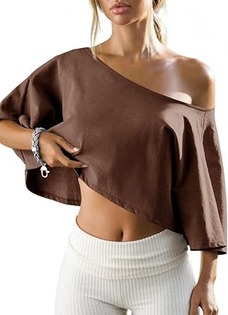 Fisoew Womens Off The Shoulder Cropped Tops Batwing Short Sleeve Workout Shirts Asymmetrical Neck Summer Casual T Shirts