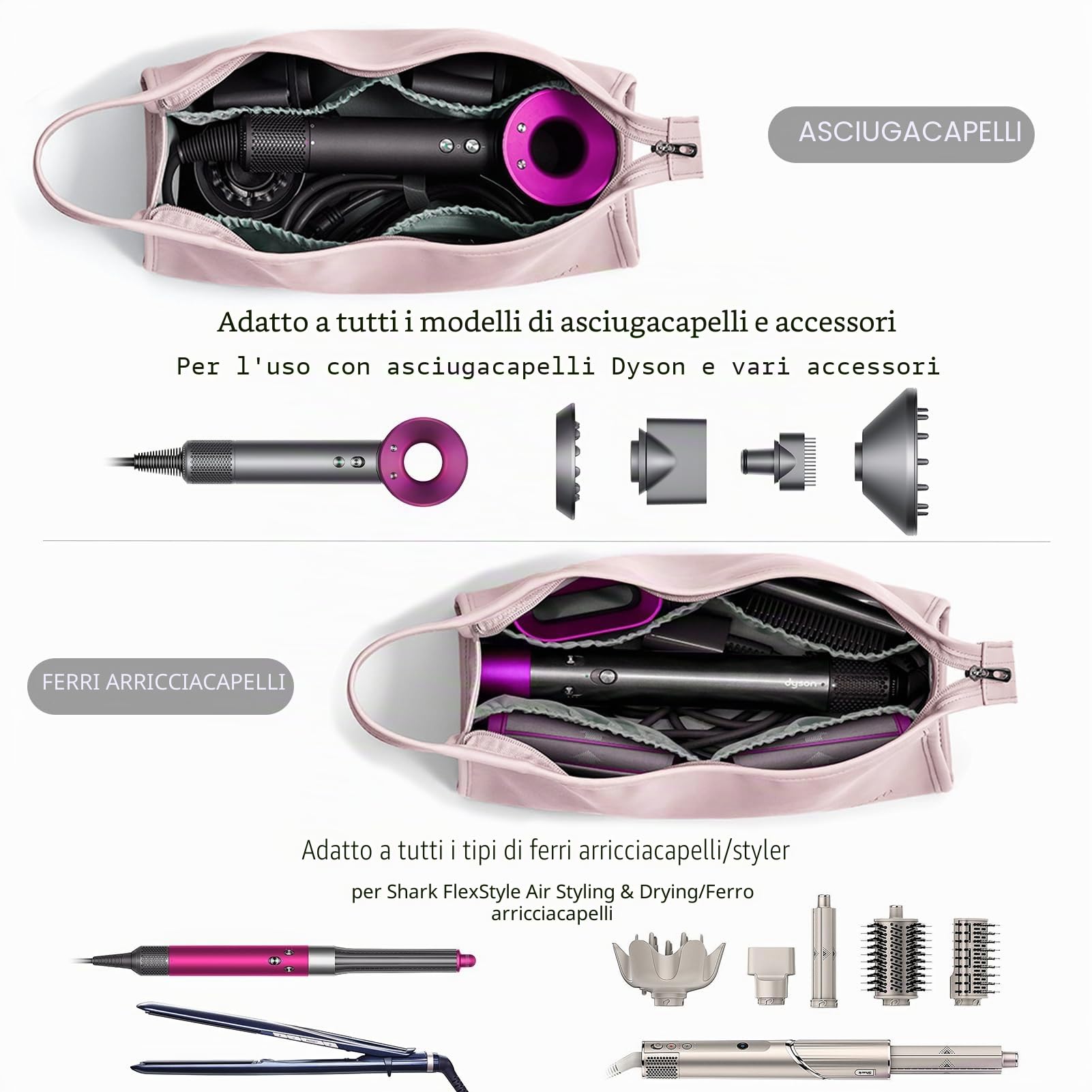 Veki Borsa da Viaggio Compatibile con Dyson e Shark Asciugacapelli, Borsa Organizer per Arricciacapelli, Custodia da Viaggio per Dyson Airwrap/Supersonic Capelli e Accessori (Rosa, Triangolare)