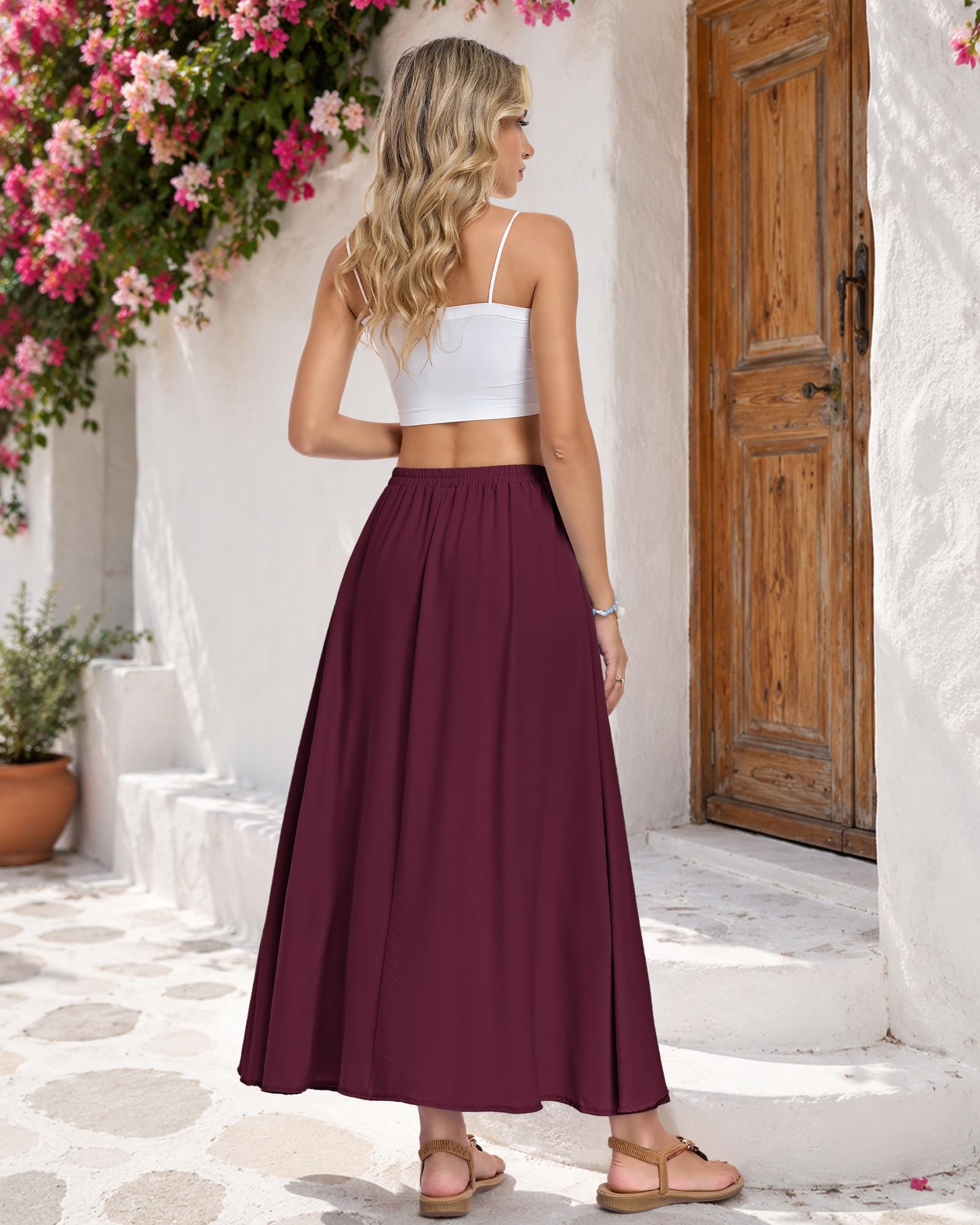AUSELILY Damen Rock Lang mit Taschen Hohe Taille A-Linie Maxirock Elastisch Kordelzug Sommer Boho Röcke Casual Flowy Strandrock