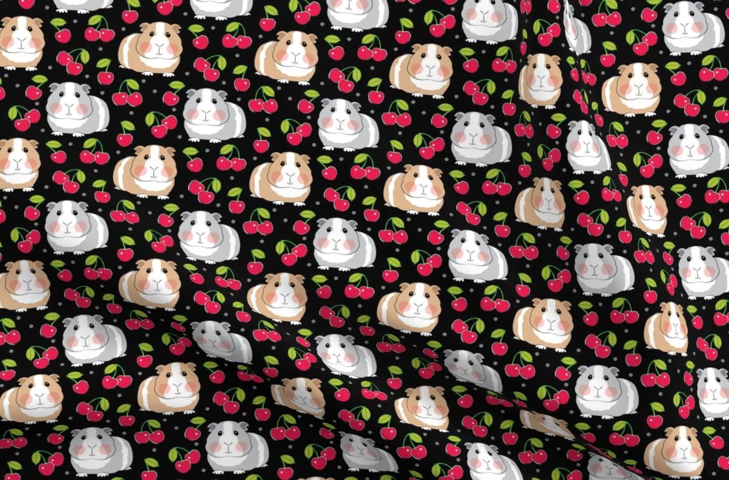 Spoonflower Fabric - Guinea Pigs Black Pig Summer Fruit Red Cute Printed on Organic Cotton Sateen Fabric by The Yard - Sewing Quilting Apparel Home Decor