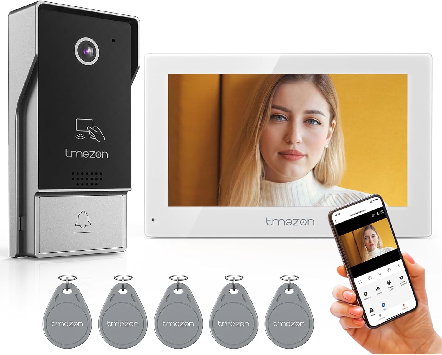 4-Wire TMEZON 7 Inch Tuya 1080P WiFi Smart Video DoorPhone Intercom System with Wired Doorbell Password/Card Swipe Touchscreen