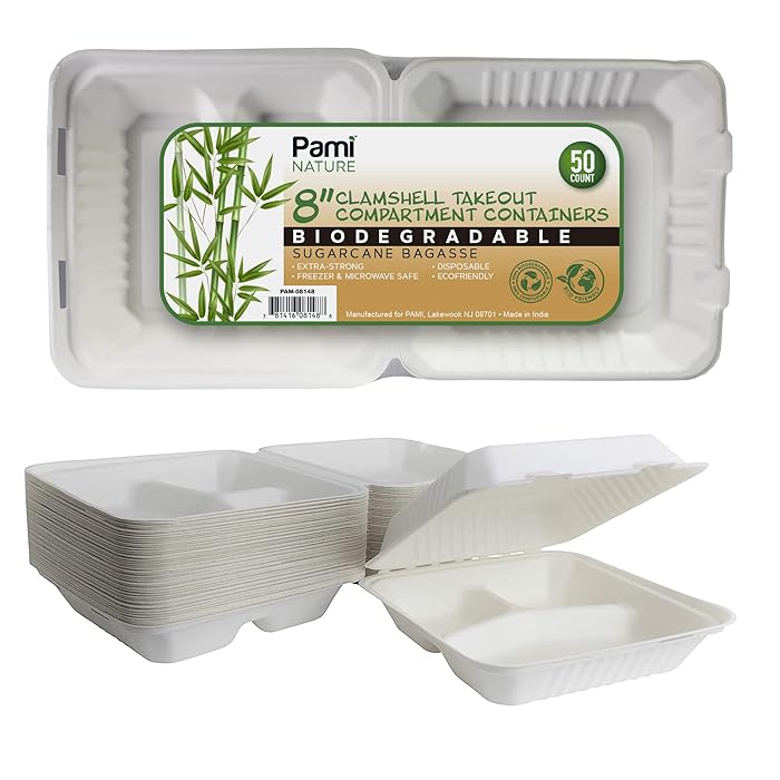 Buy PAMI Sugarcane 100 Biodegradable 8” Clamshell Food Containers With