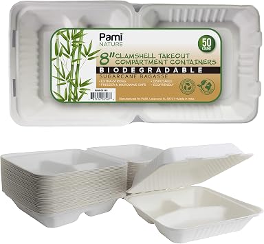 PAMI Biodegradable Food Containers 8x8 in,Compostable Sugarcane,50-Pack