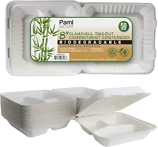 PAMI Biodegradable to Go Food Containers 8x8 in 50 Pack Compostable Microwavable Clamshell Boxes Made from Eco-Friendly Sugarcane