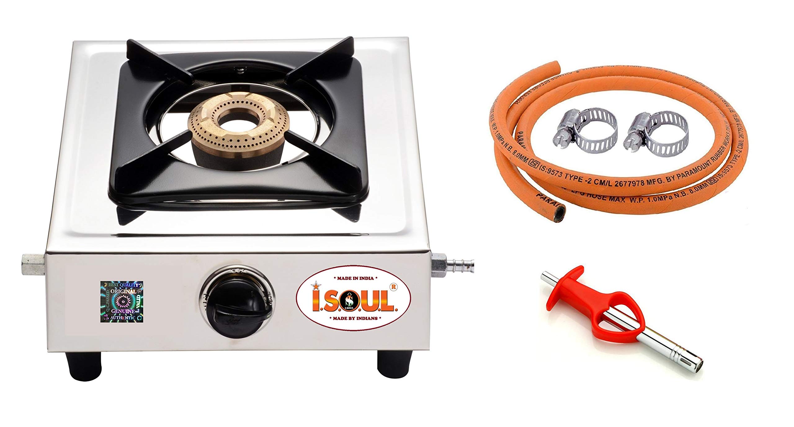 I-SOUL Heavy Stainless Steel Single Burner Gas Stove with 1.5m Orange Isi Gas Pipe & Lighter (Manual Ignition)