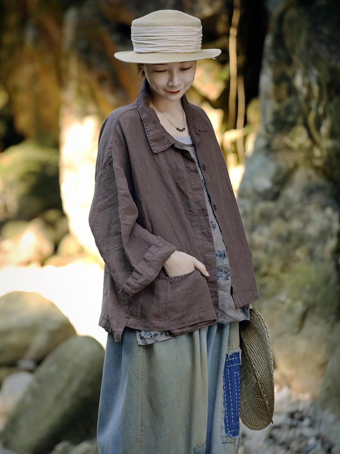 Women's Linen Shirts Lapel Collar Button Down Tops Plus Size Blouse with Pockets Handmade Stitch Vintage Loose Casual Tops - Image 5