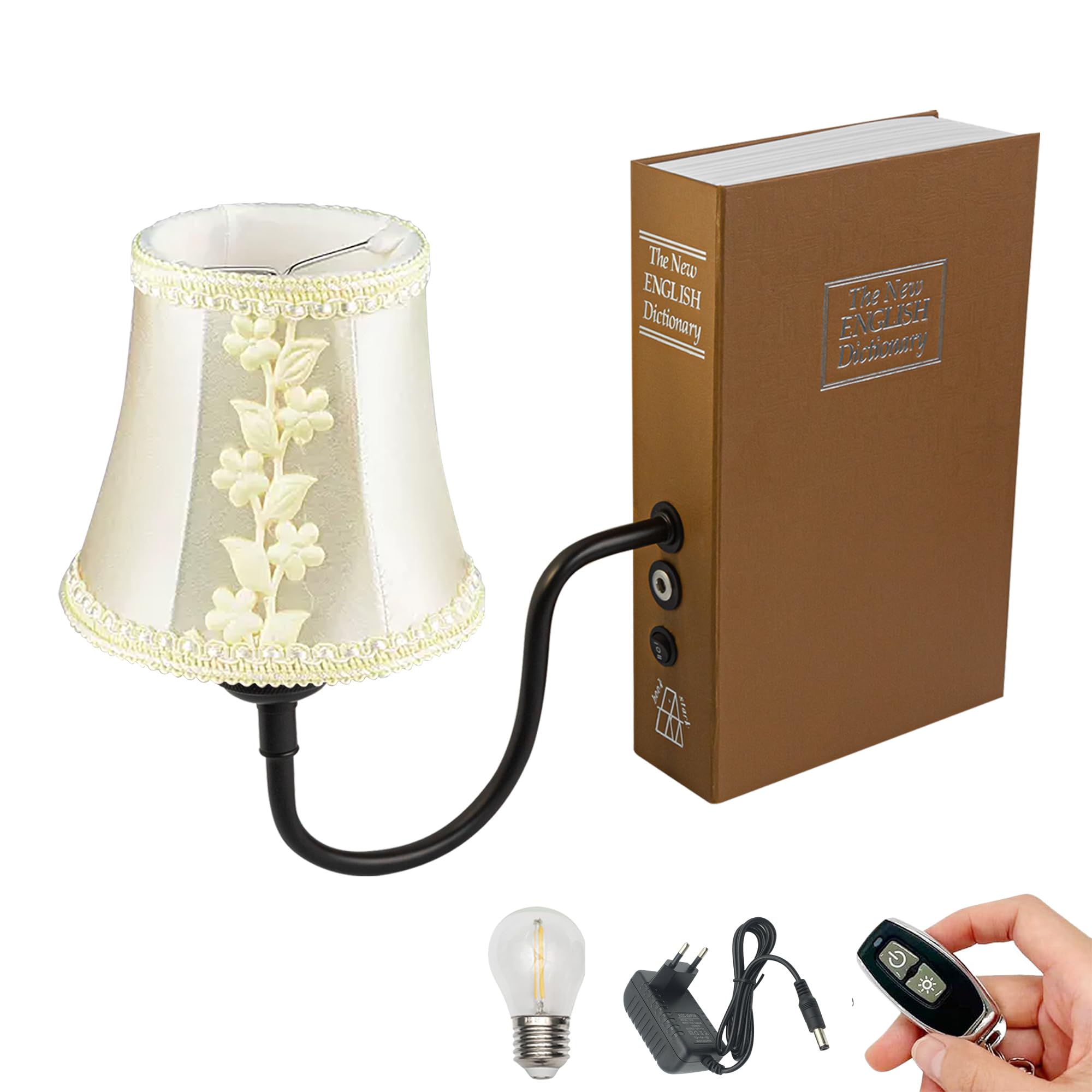 LED Buchlampe mit Fernbedienung, Vintage Dimmbar Nachttischlampe mit Stoffschirm 1xE27-Fassung, Wiederaufladbare Tischlampe Zeitschaltuhr für Nachttisch Beistelltisch -DZ0332/14
