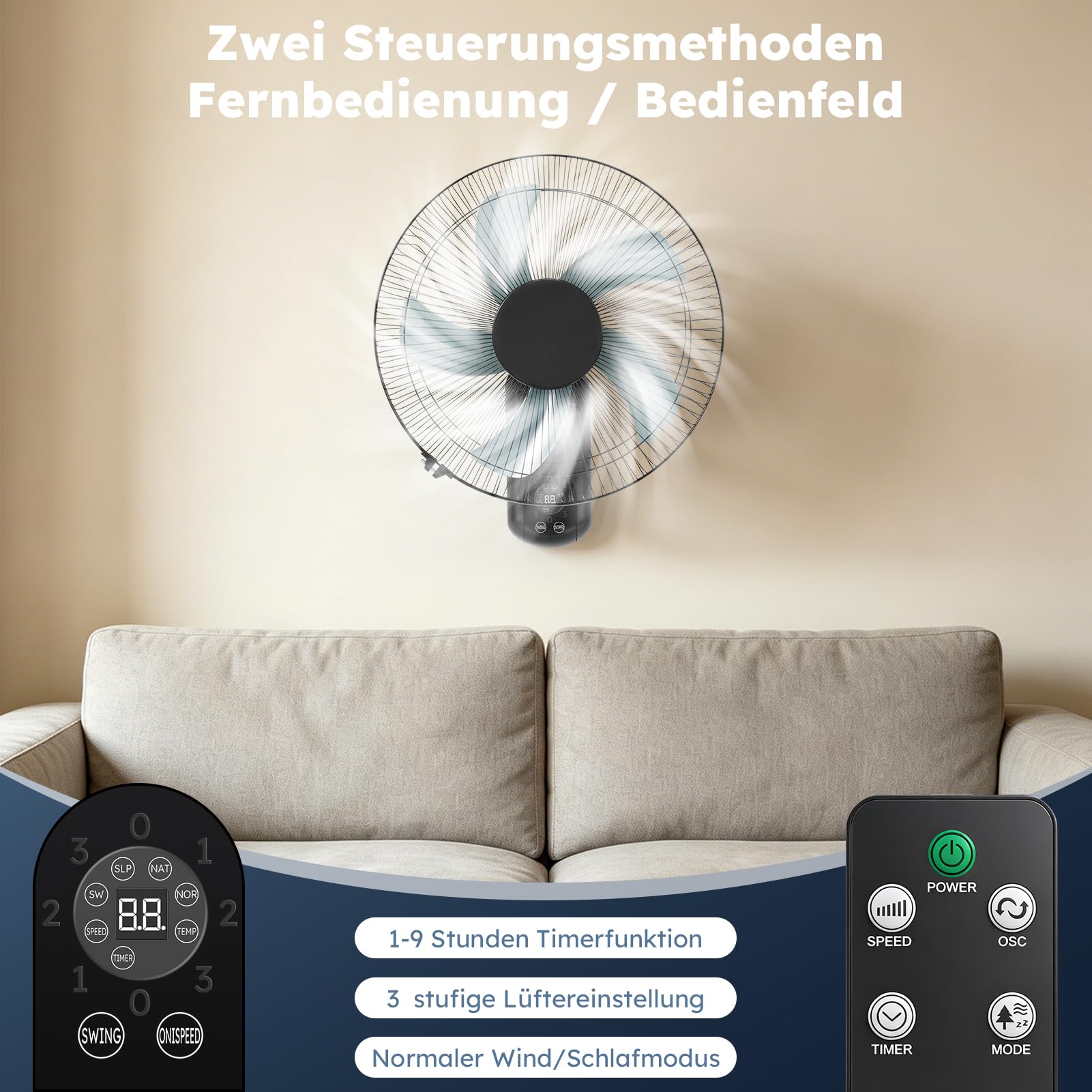 Ventilateur mural avec télécommande & minuterie (1-9h) – 5 pales ASA, 3 vitesses, oscillation 90° – silencieux (≤28dB), montage mural, idéal pour chambre, terrasse & extérieur – Noir.