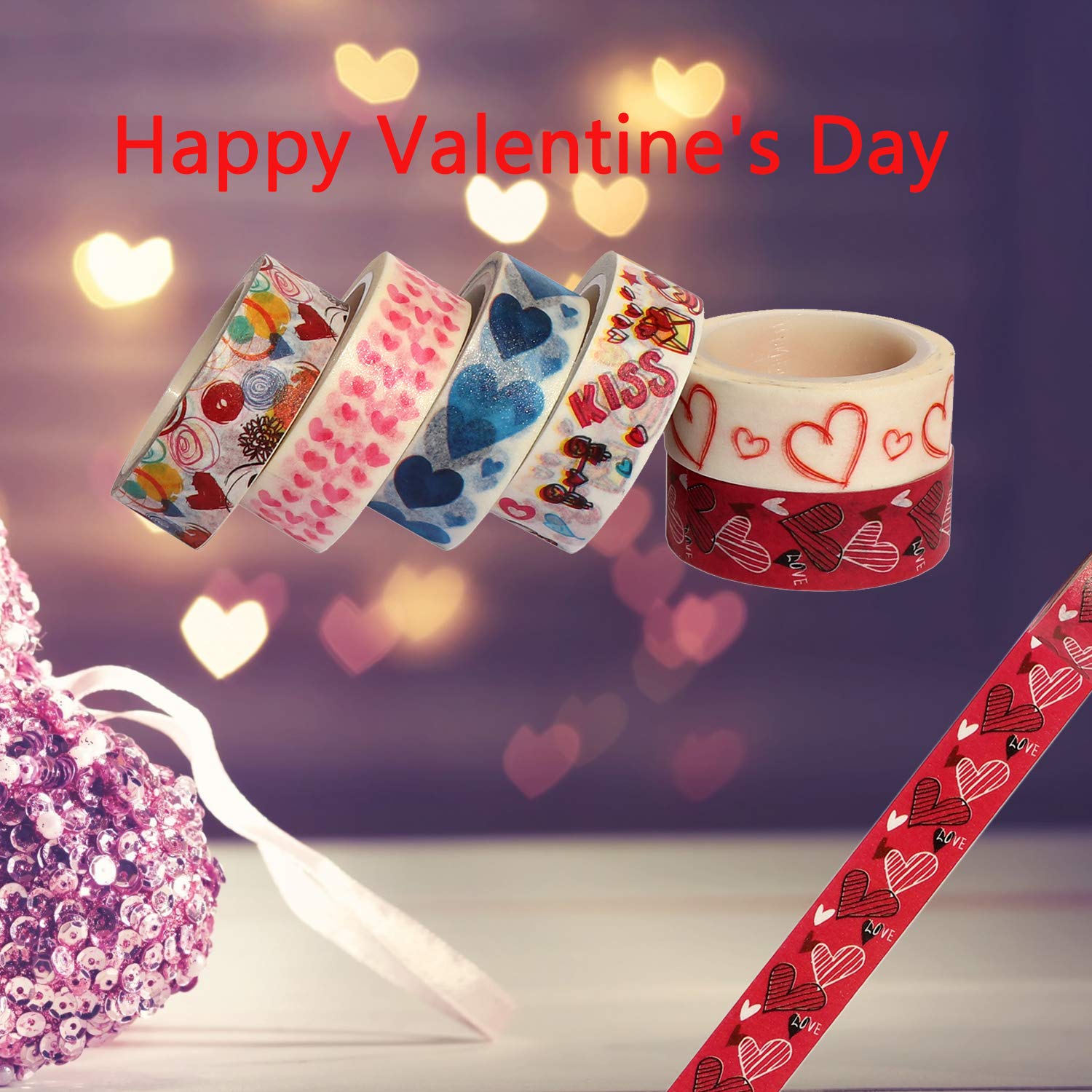 6 Rollen Washi-Tape mit Herz-Motiv, süßes Herz, Washi-Klebeband, 0,6 x 7,3 m, dekoratives Washi-Tape für Scrapbook, Valentinstag, Hochzeit, Jahrestag, Geschenkverpackung.