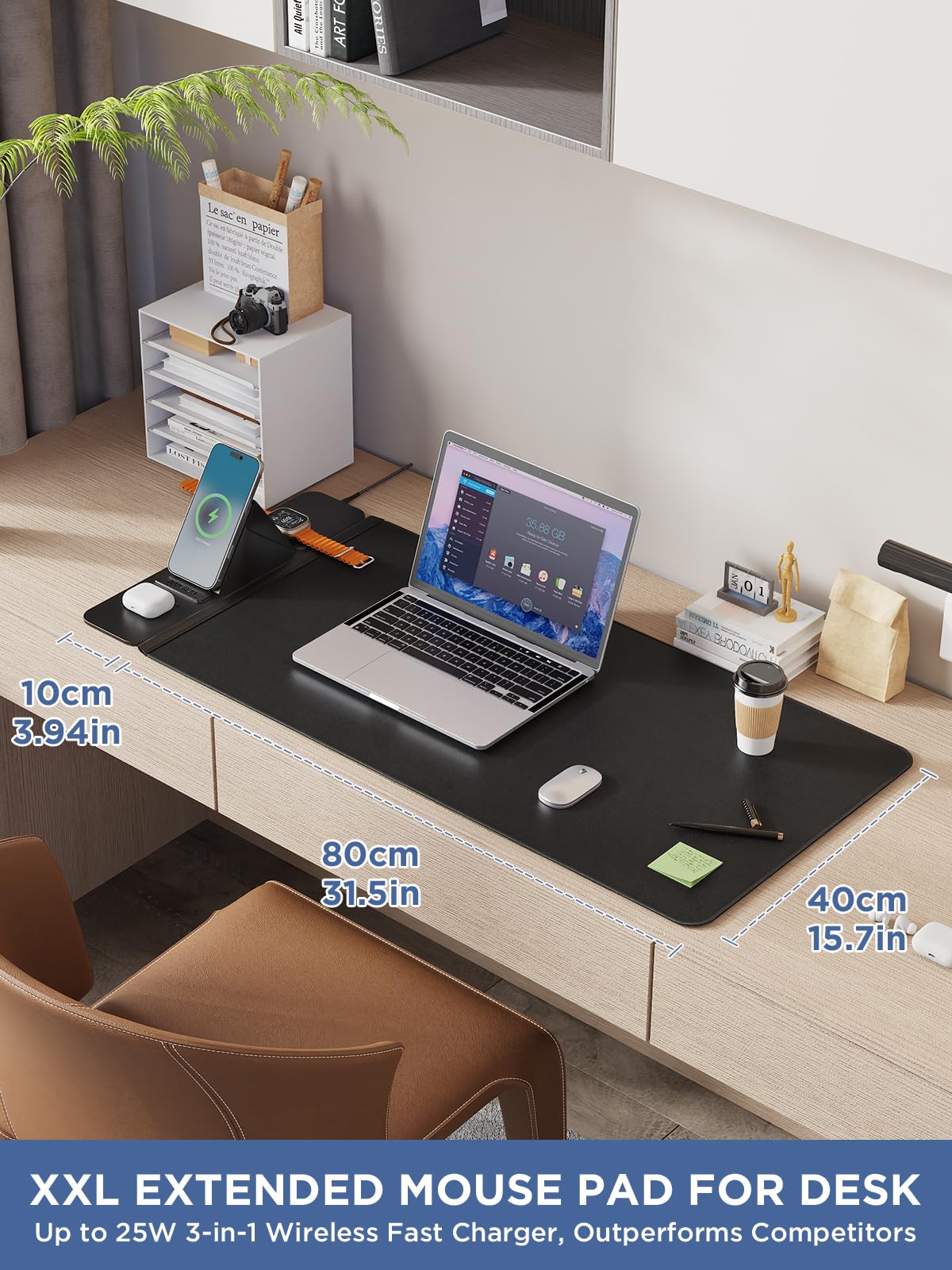 Tappetino per mouse wireless a ricarica rapida da 25 W, con supporto pieghevole per telefono, tappetino da scrivania 3 in 1 di seconda generazione, 89,9 x 40 cm, impermeabile, per ufficio, giochi e
