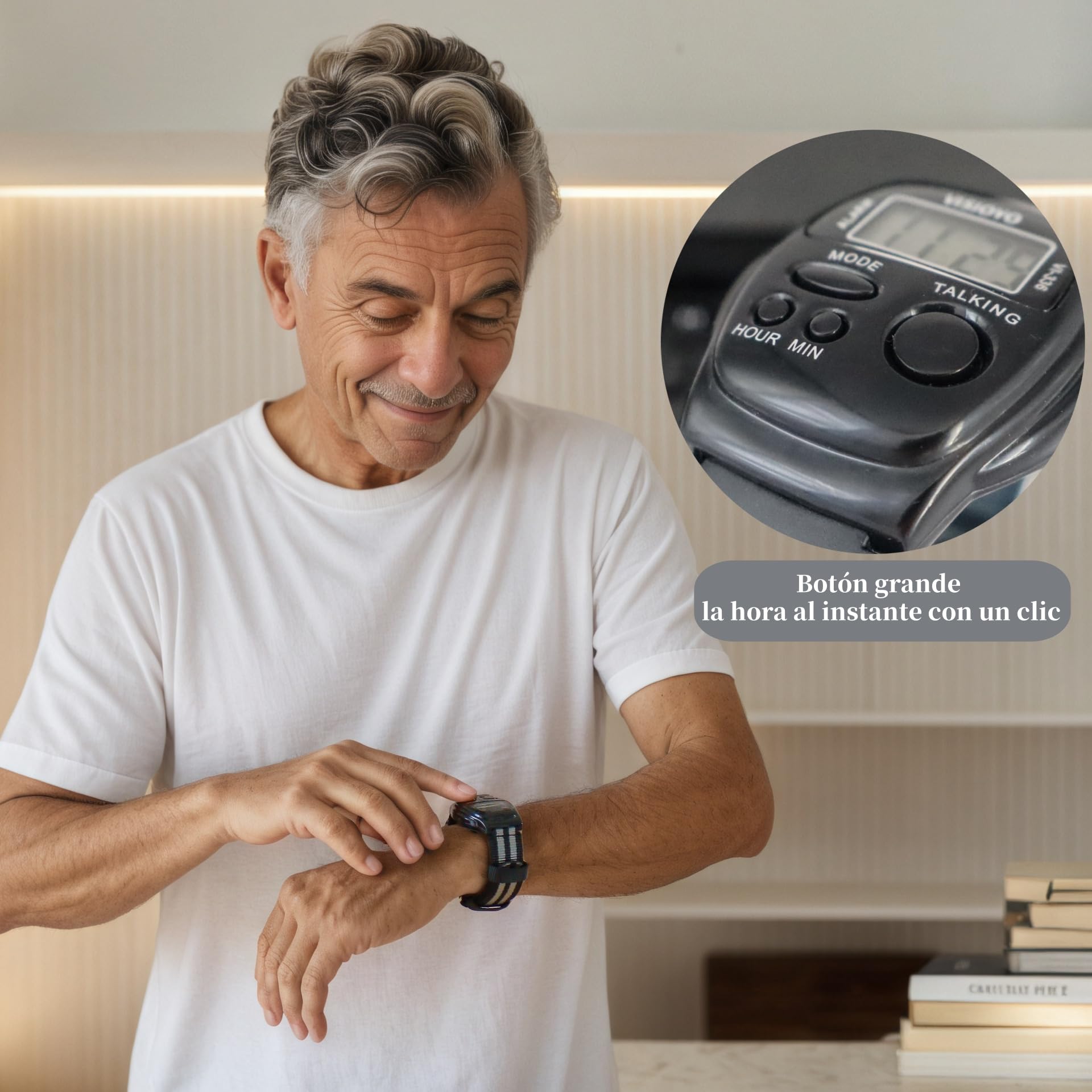 Orologio parlante in spagnolo per non vedenti - con voce chiara per non veggenti e adulti più anziani | dice automaticamente l'ora e allarme | Include cinturino in nylon resistente