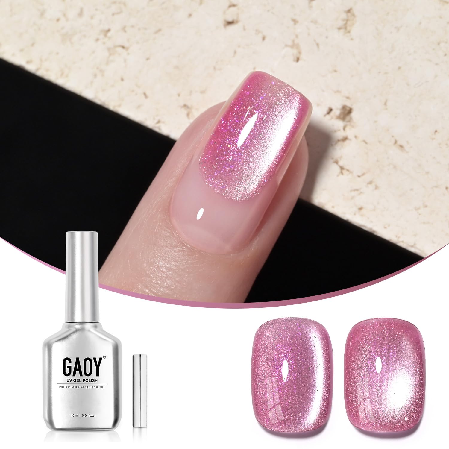 GAOY Pink Cat Eye Gel Nail Polish, 16ml Glitter Holographic Nail Polish with Magnet, Reflective Translucent UV Gel, 2931 Pink Stardust