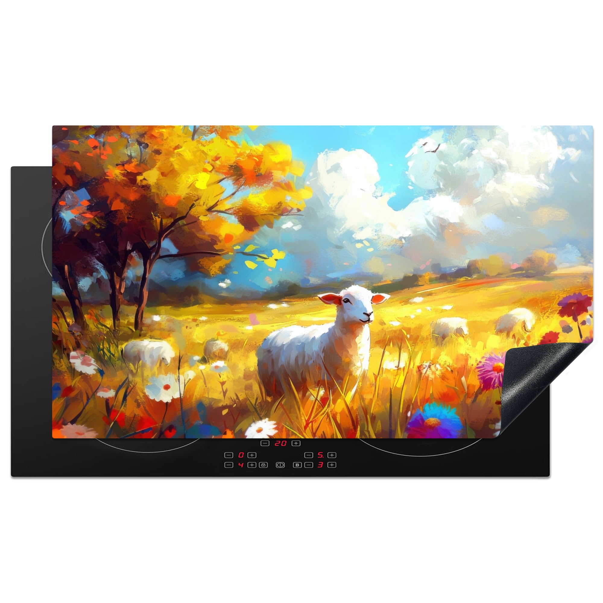 KitchenYeah© Induction Hob Protector Mat 20.5"x35.9" / 91.2x52 cm Cooker Top Protectors Cover Ceramic Covers Electric Hobs Vinyl Sheep - Meadow - Flowers