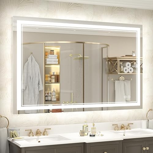 Miniatura 15 de OKPAL 50x30 Espejo de baño LED con marco negro, espejo iluminado para tocador de baño, iluminación frontal y trasera, regulable, antivaho, 3 Negro