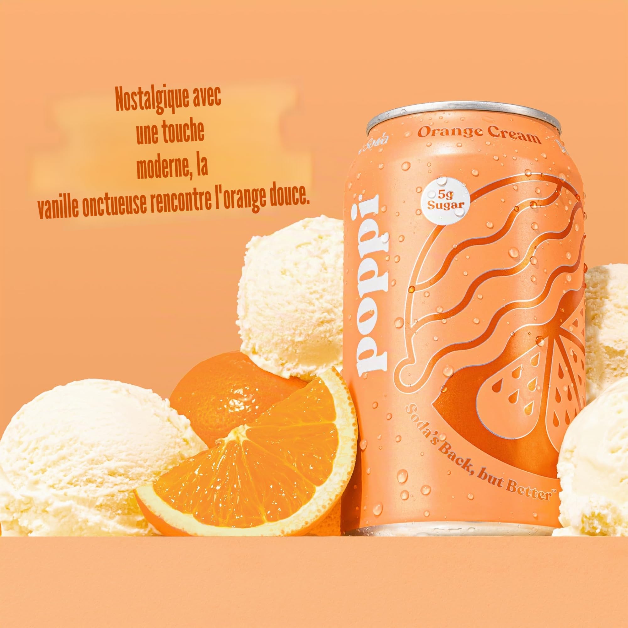 Poppi Tingling Lot de 12 boissons prébiotiques au vinaigre de cidre de pomme, eau de Seltzer et jus de fruits, saveur crème d'orange, 355 ml