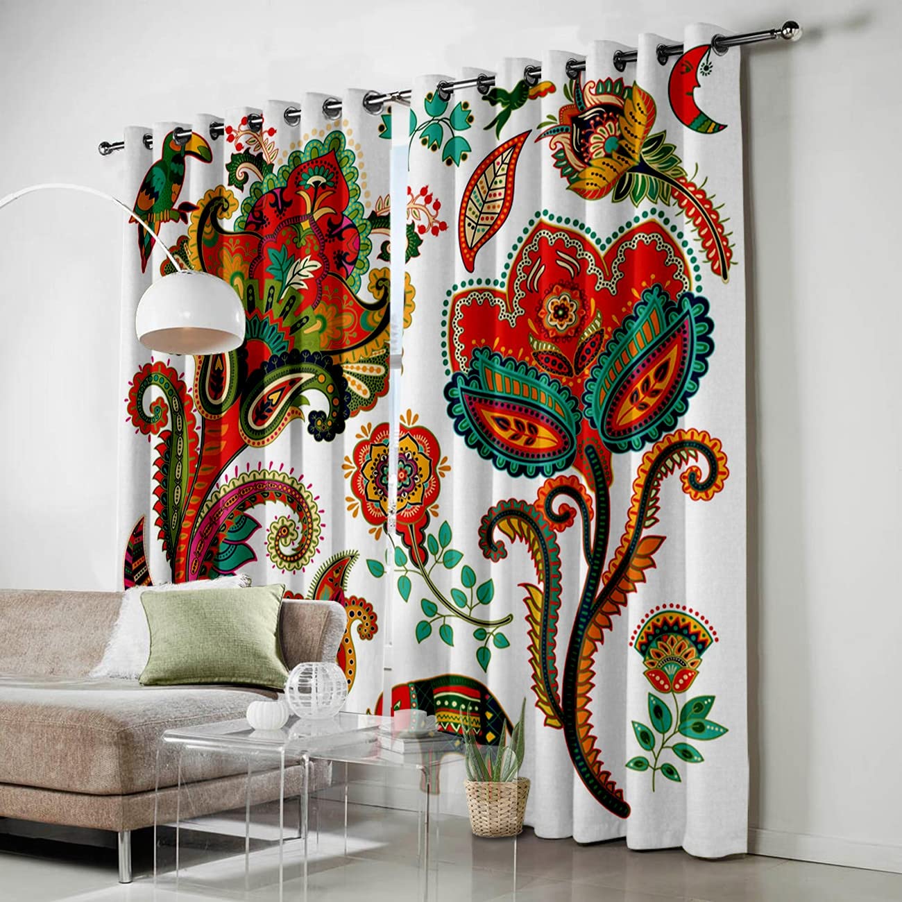 Rideaux Occultants, Rideau À Oeillet Isolants Thermiques 3D Fleur Gros Oiseau Paisley Maladroit Belle Imprimé Rideau Pour Salon Moderne Rideau De Fenêtre Lot De 2 Pour Enfant Chambre Cuisine 170X200C