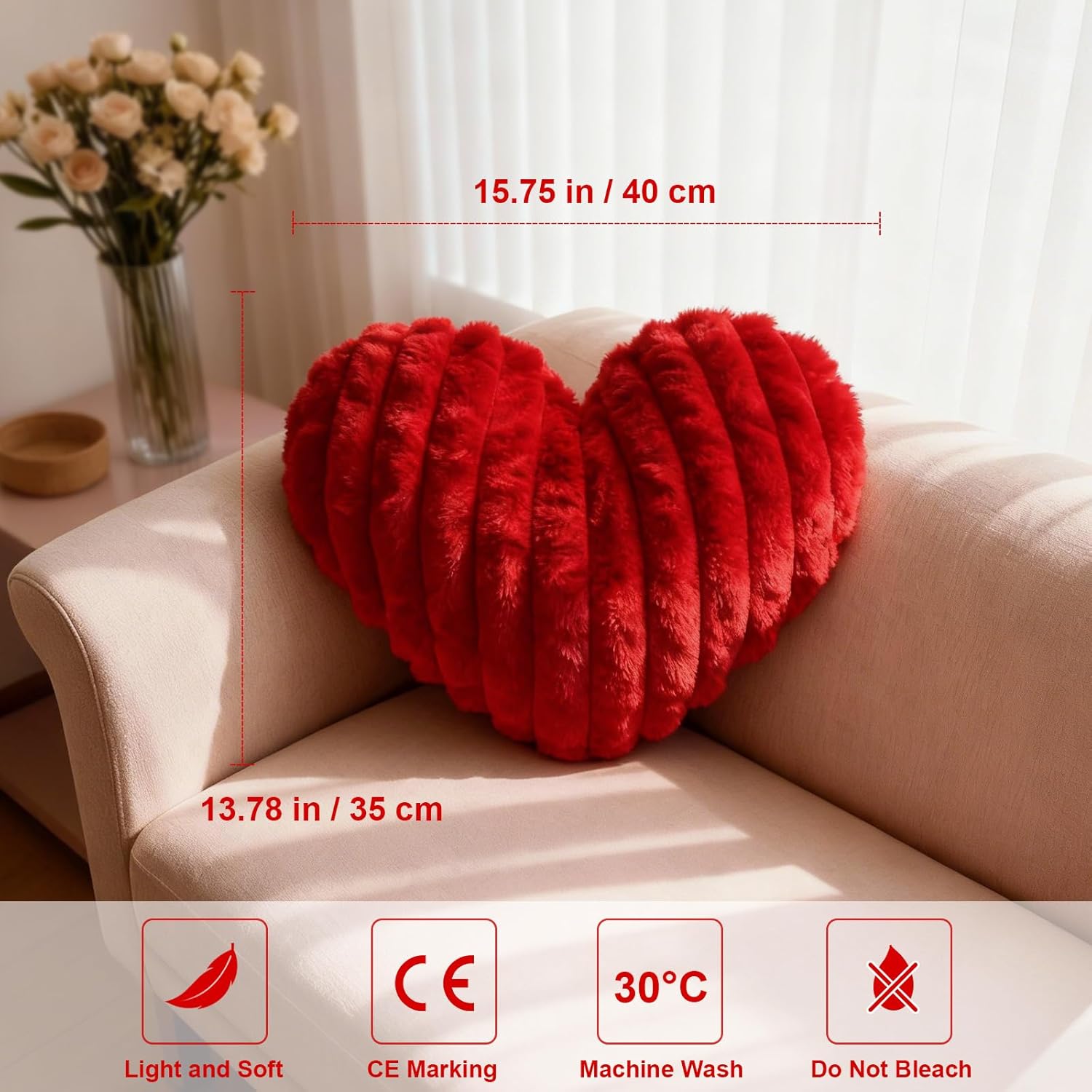 2 Pcs Red Heart Throw Pillows, 16 Inch Soft Fluffy Heart-Shaped Comfort Pillows with Calming Texture, Hug Pressure for Relaxing Moments, Ideal for Sofa, Reading, and Naps (Red)