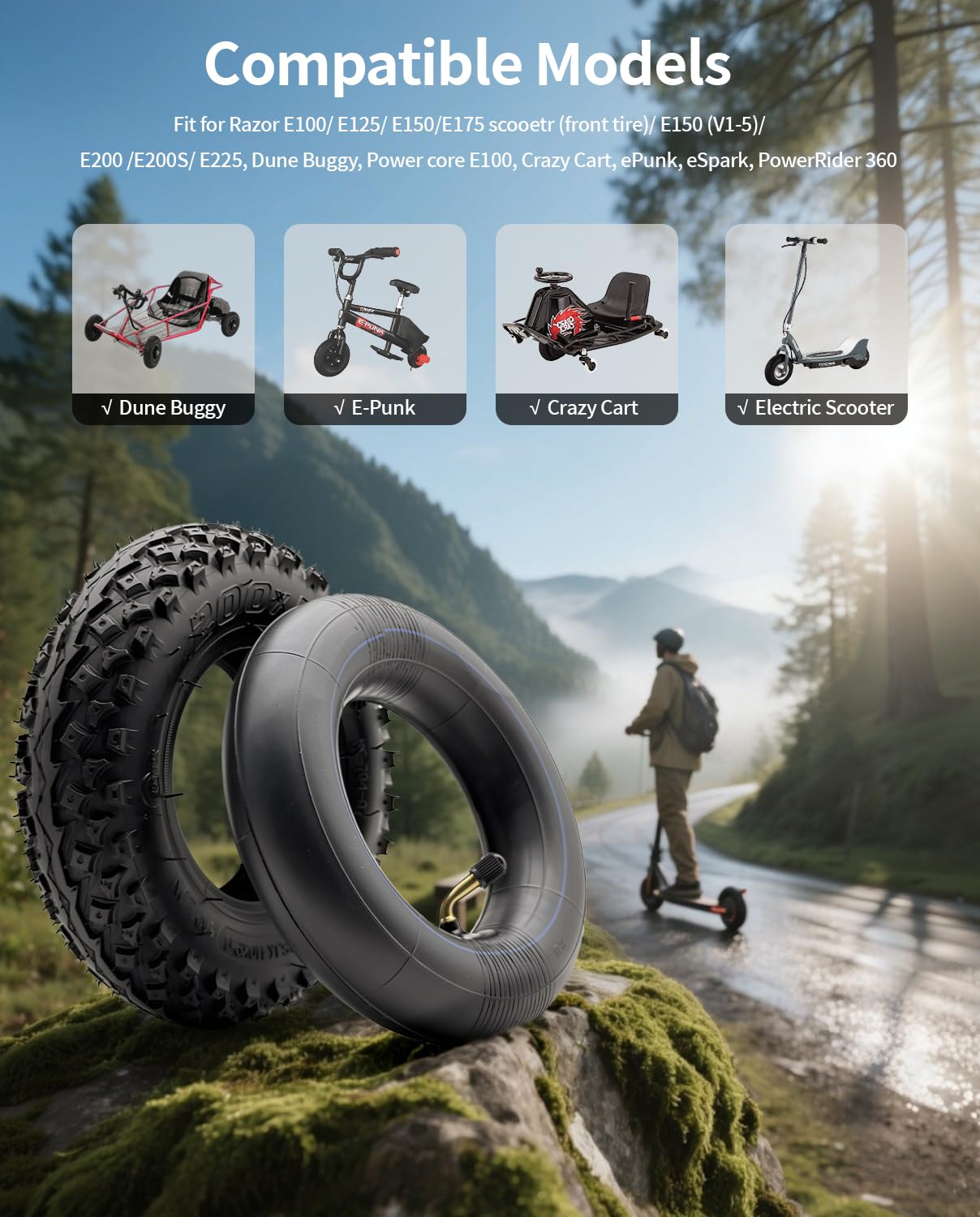 Opona terenowa 200 x 50, odpowiednia do Speedway Mini 4 Pro, opona 8x2 cali z dętką, odpowiednia do Futecher Gun Pro, Speedtrott GX12, City Bug, Razor e100 e150 skuter elektryczny