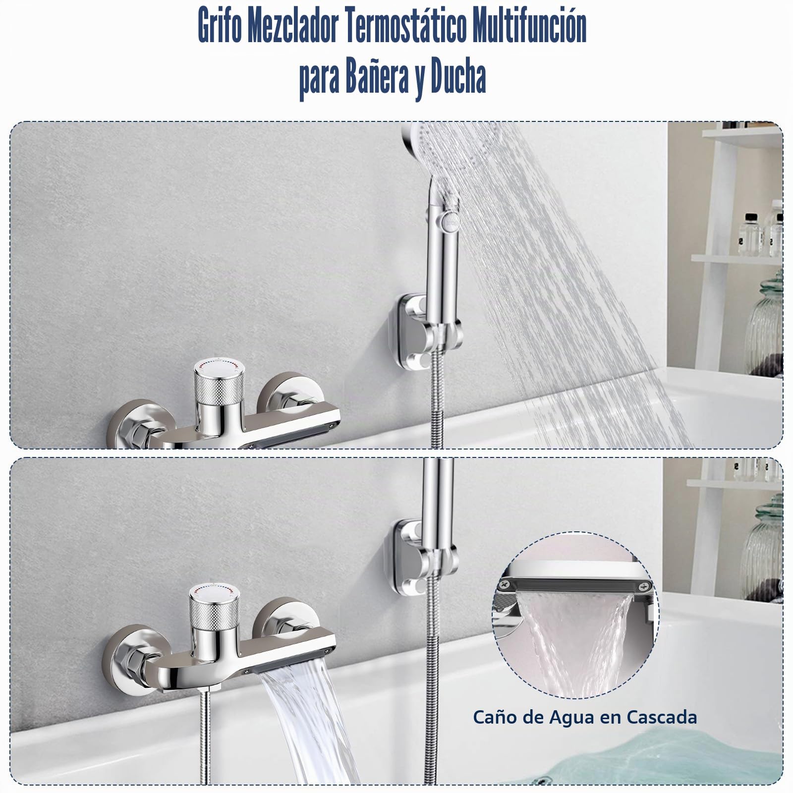 Grifo de ducha con termostato, termostato de ducha con botón de seguridad, grifo de bañera, cascada, 2 salidas, grifos de ducha, bañera, latón termostato de ducha