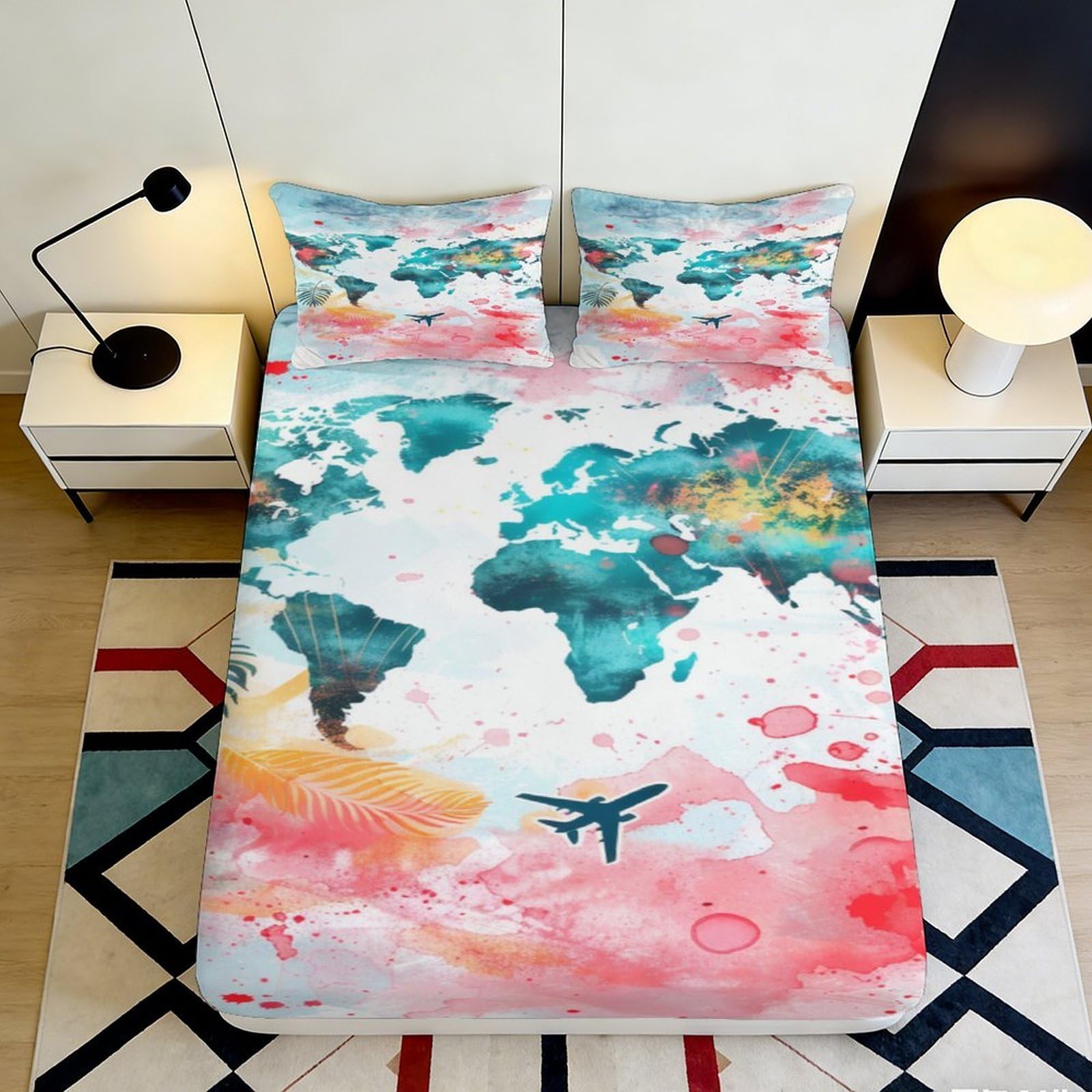 3D Printed World Map Fitted Sheet Microfiber Colourful Travel Airplane Bed Cover for Bedroom Guestroom Dorm Decor 90x200x25cm