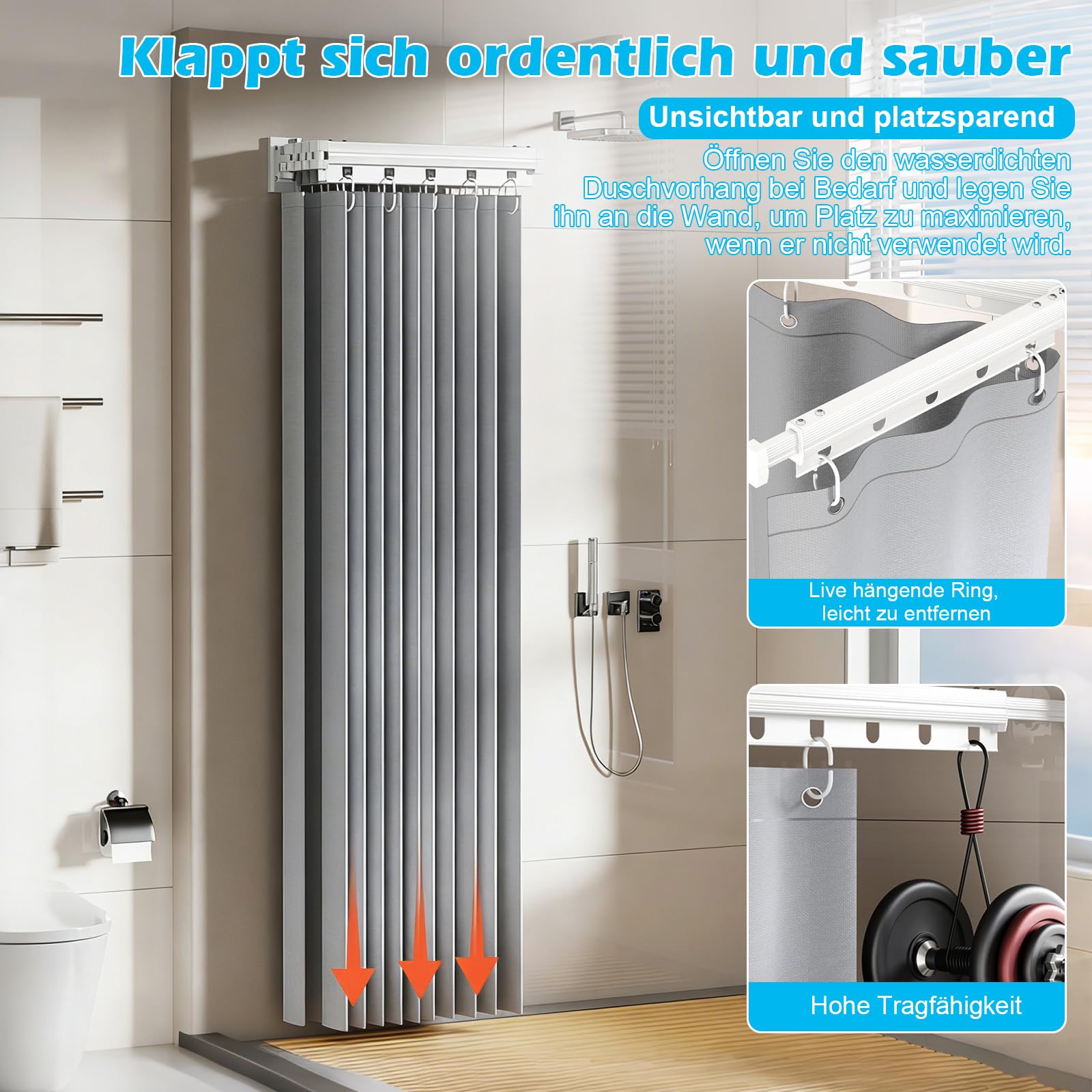 Faltbare Duschvorhangstange mit Duschvorhang, Duschvorhangstange ohne Bohren, Duschvorhang mit Stange, Wasserdicht L/U Form Duschstange für Ecke/Badewanne (Weiß, 4 faltbar)