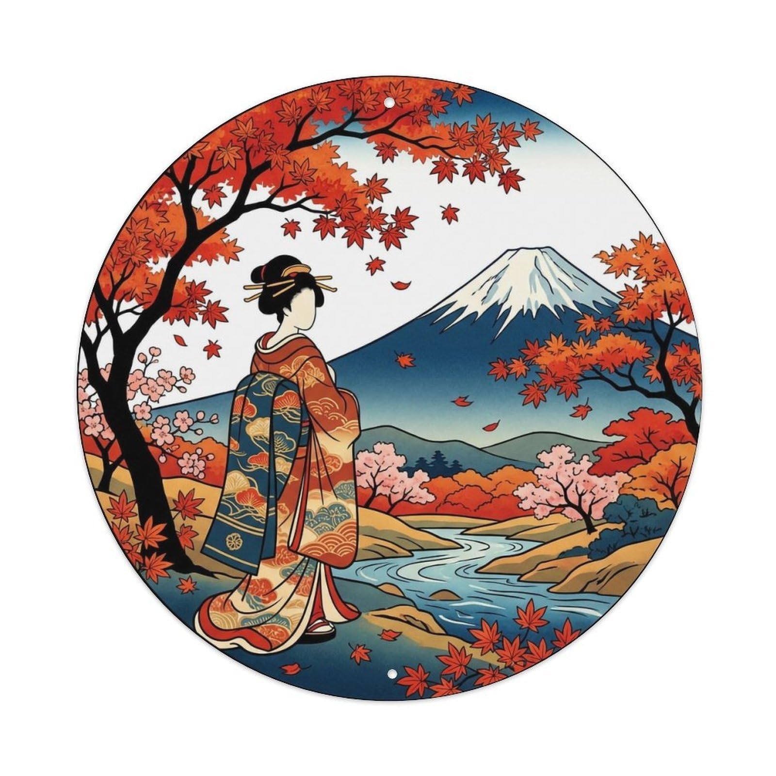 Yrnq 8X8inch Vintage Style Japanese Geisha Fuji Autumn Red Maple Observing Metal Tin Sign