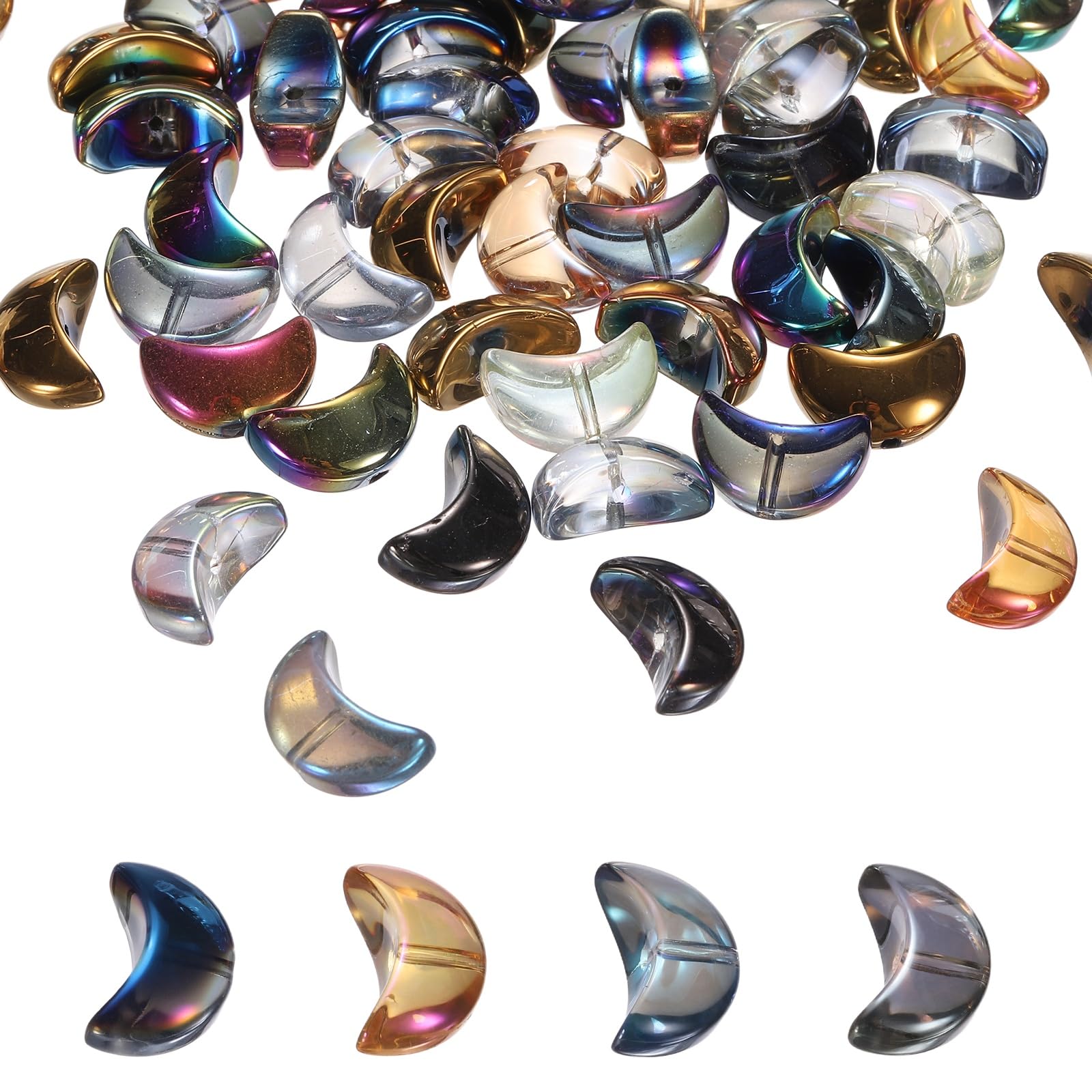 sourcing map 120Pcs Moon Glass Beads, Electroplate Glass Moon Shape Bead Crystal Pendant Charm for Bracelet Necklace DIY Jewelry Making, Multicolor