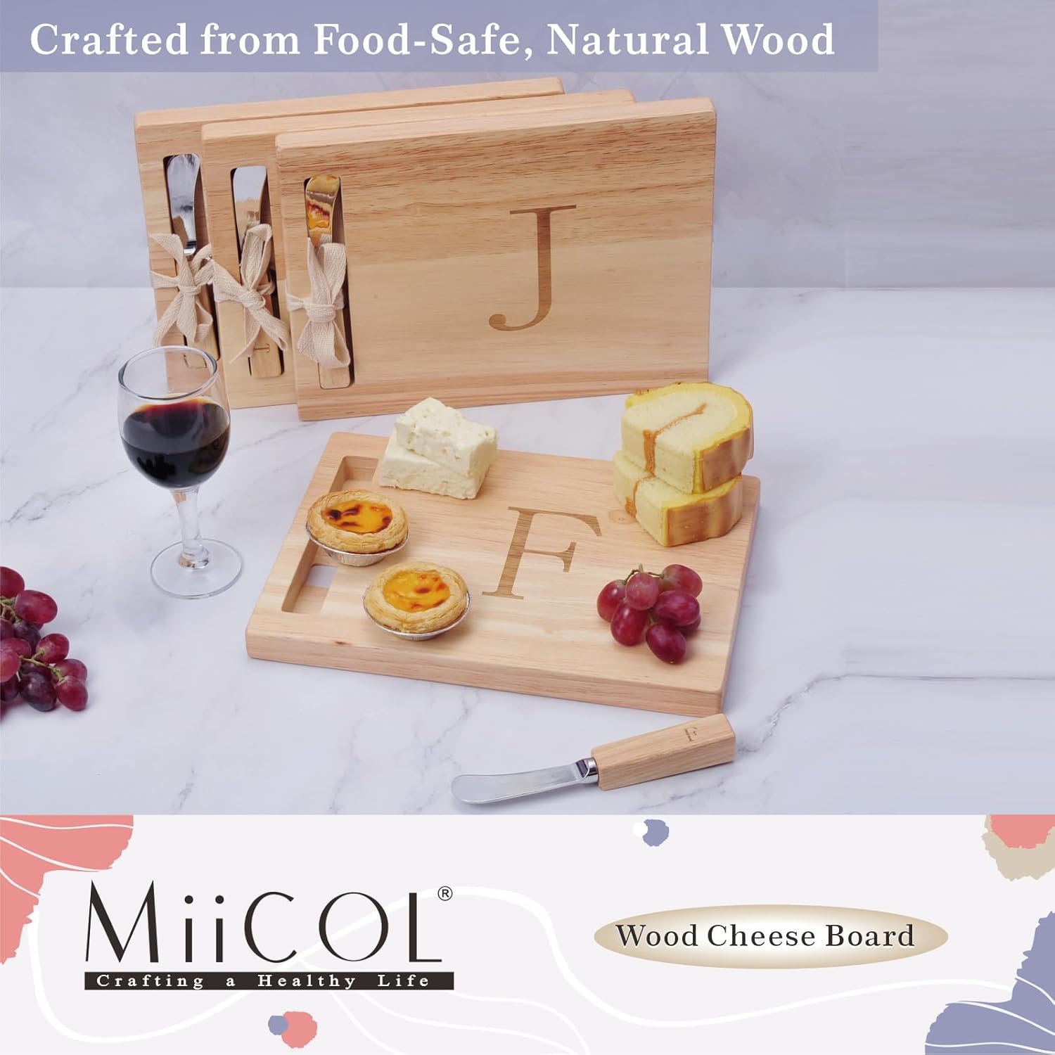 Miicol Wood Charcuterie Board, Monogram Cheese Board 10 Inch, Personalized Initial Cutting Board with Spreader, Unique Housewarming Gift, Ideal for Kitchen, Home, Letter F
