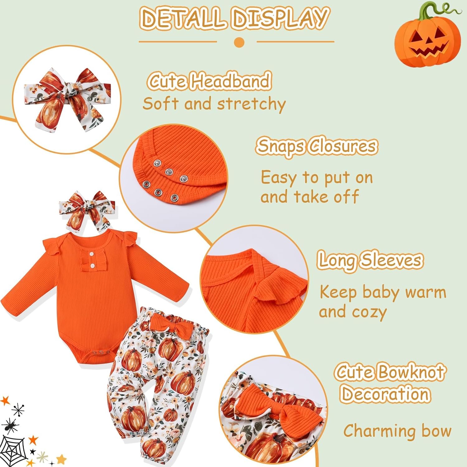 Baby Girl Halloween Outfit, 3pcs Pumpkin Newborn Girl Clothes, 0-18 Months