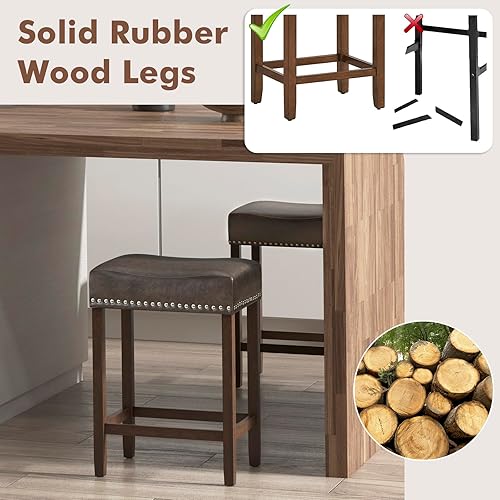 Miniatura 6 de COSTWAY Juego de 2 taburetes de bar de 24 pulgadas de altura de mostrador con tapicería de piel sintética y patas de madera de goma maciza,