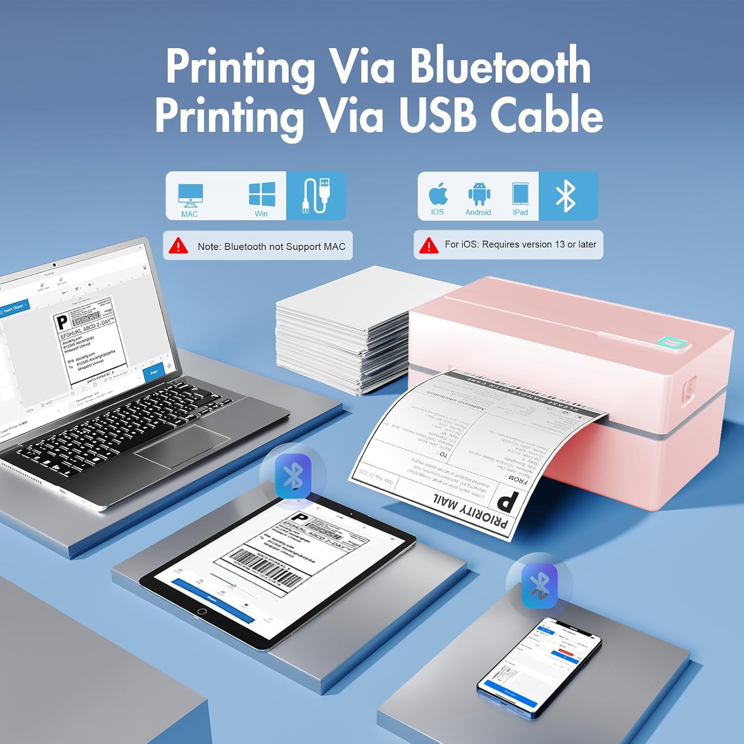 Illustration showing the NULLTONEX Y813 printer connected via USB to a laptop and wirelessly via Bluetooth to a tablet and smartphone, with icons indicating compatibility with Mac, Windows, iOS, Android, and iPad. A warning states Bluetooth does not support Mac and iOS requires version 13 or later.