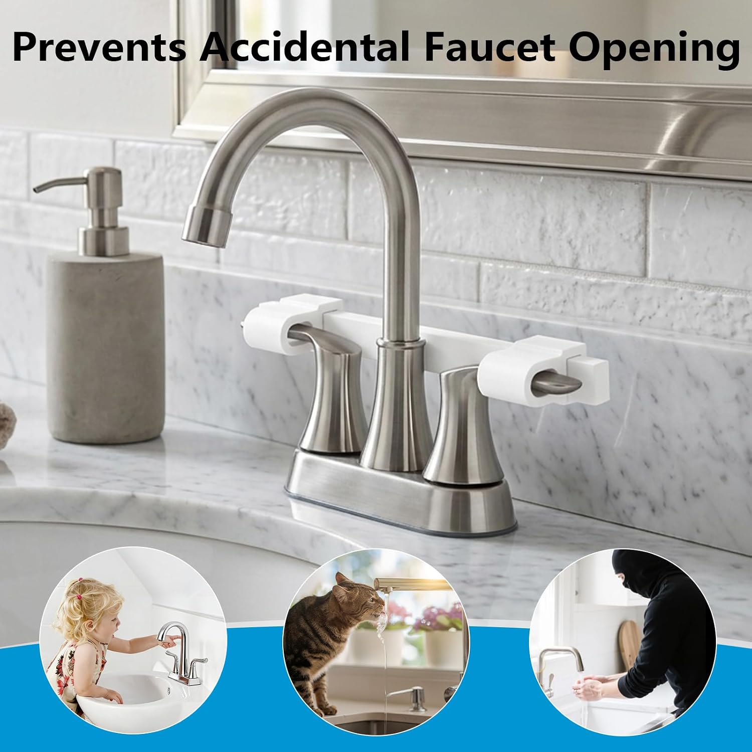 Faucet Lock for Child & Pet Safety – Universal Two-Handle Lever Faucet Lock Child Proof, Tool-Free Installation, Adjustable Faucet Locks for Kitchen & Bathroom (White)