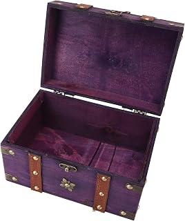 HERCHR Vintage Wooden Treasure Chest Box Jewelry Storage Keepsakes Box with Lock Wooden Retro Decorative Treasure Chest Case Organizer Trinket Keepsake for Home Bedroom Decor (Purple)