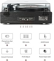 Vista 7 de 1 by ONE Reproductor de Discos de Alta Fidelidad Todo en Uno, Tocadiscos de Vinilo con Altavoces Integrados, Cartucho Magnético AT-3600L, Salida