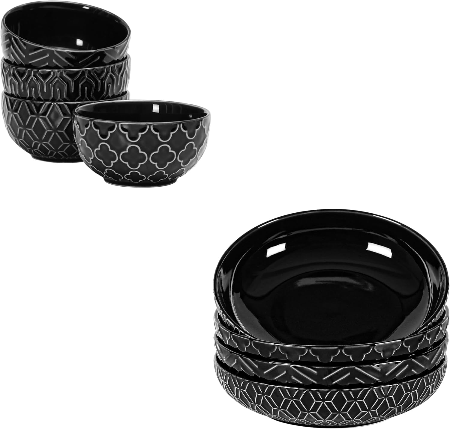 Sureasy 8.5 Inch Ceramic Pasta Bowls + 3.5 Inch Ceramic Dipping Bowls, Set of 4, Black