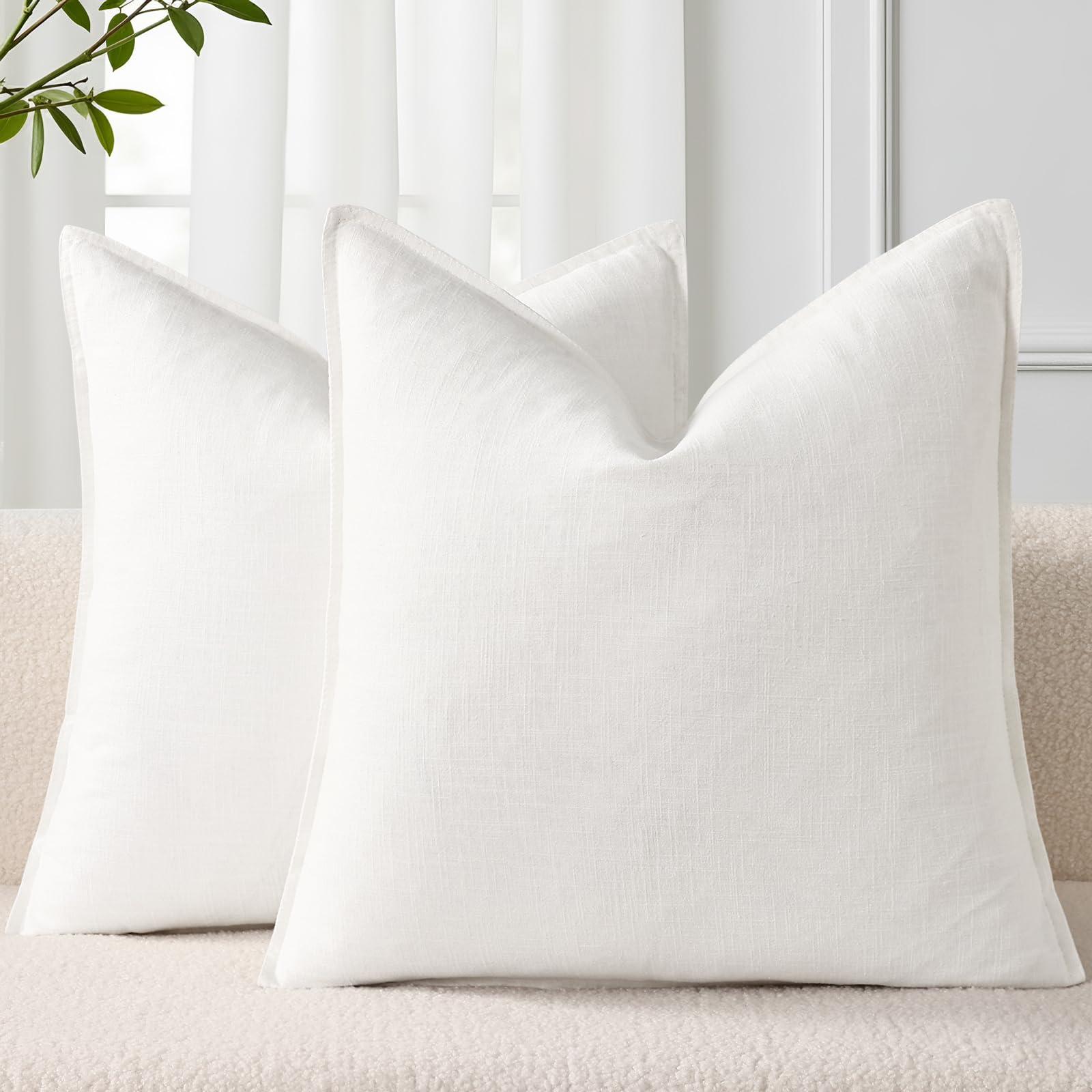 decorUhome Fall Cream White Linen Throw Pillow Covers 22x22 Set of 2