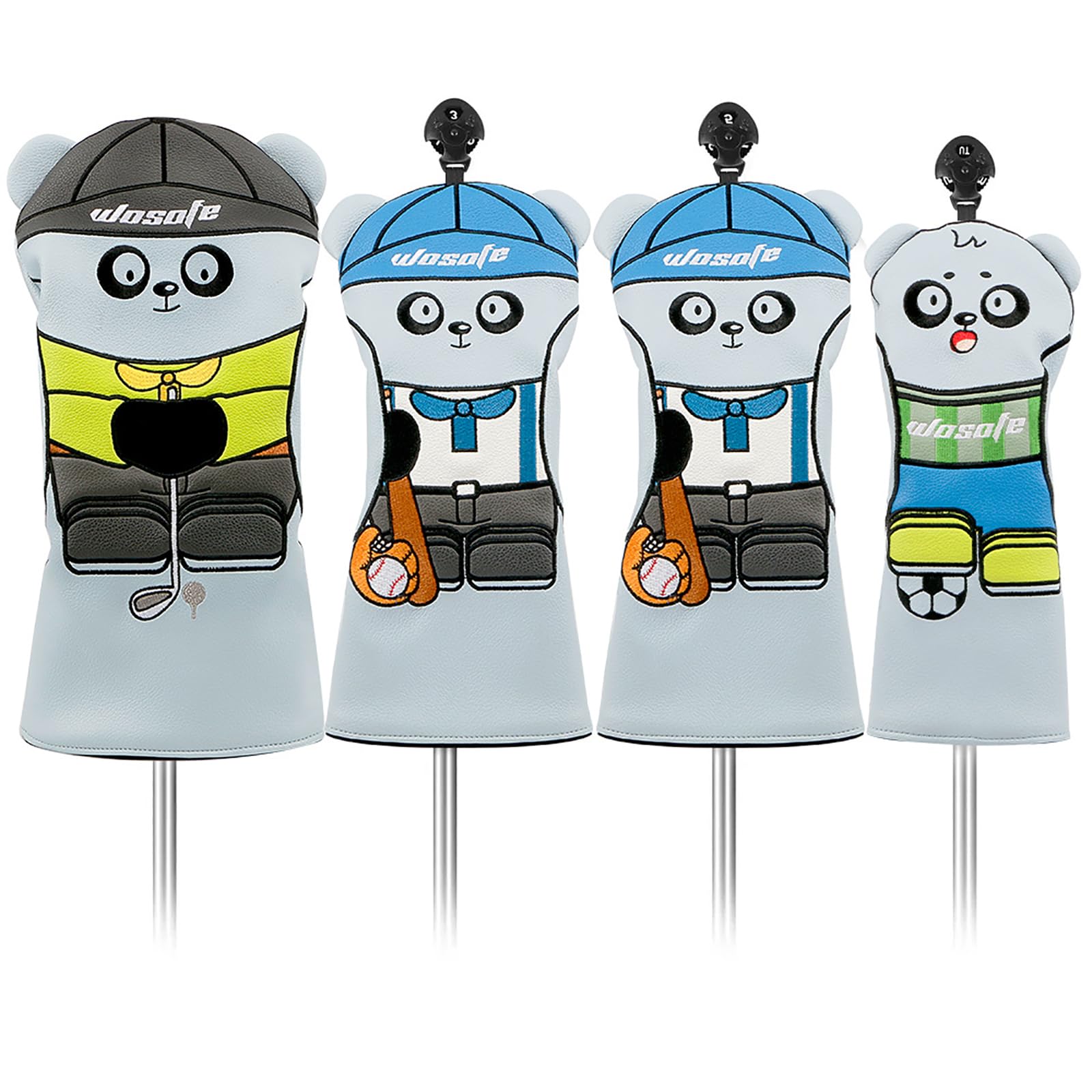 Generic 4 Uds. De Fundas para Palos de Golf, Coloridas Fundas para Cabeza con Bordado de Panda, Impermeables, de Cuero PU, Protector para Cabeza de Palo, Funda para Cabeza de Madera,Blue