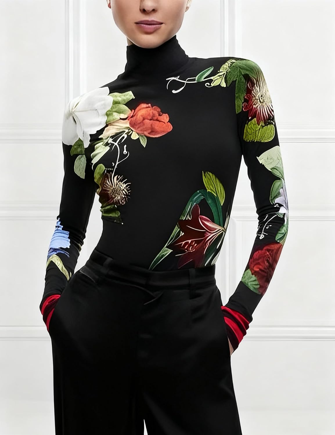 Women's Turtleneck Long Sleeve Tops Asymmetrical Split Hem Slim Fit High Neck T Shirt for Women Casual Top - Image 3