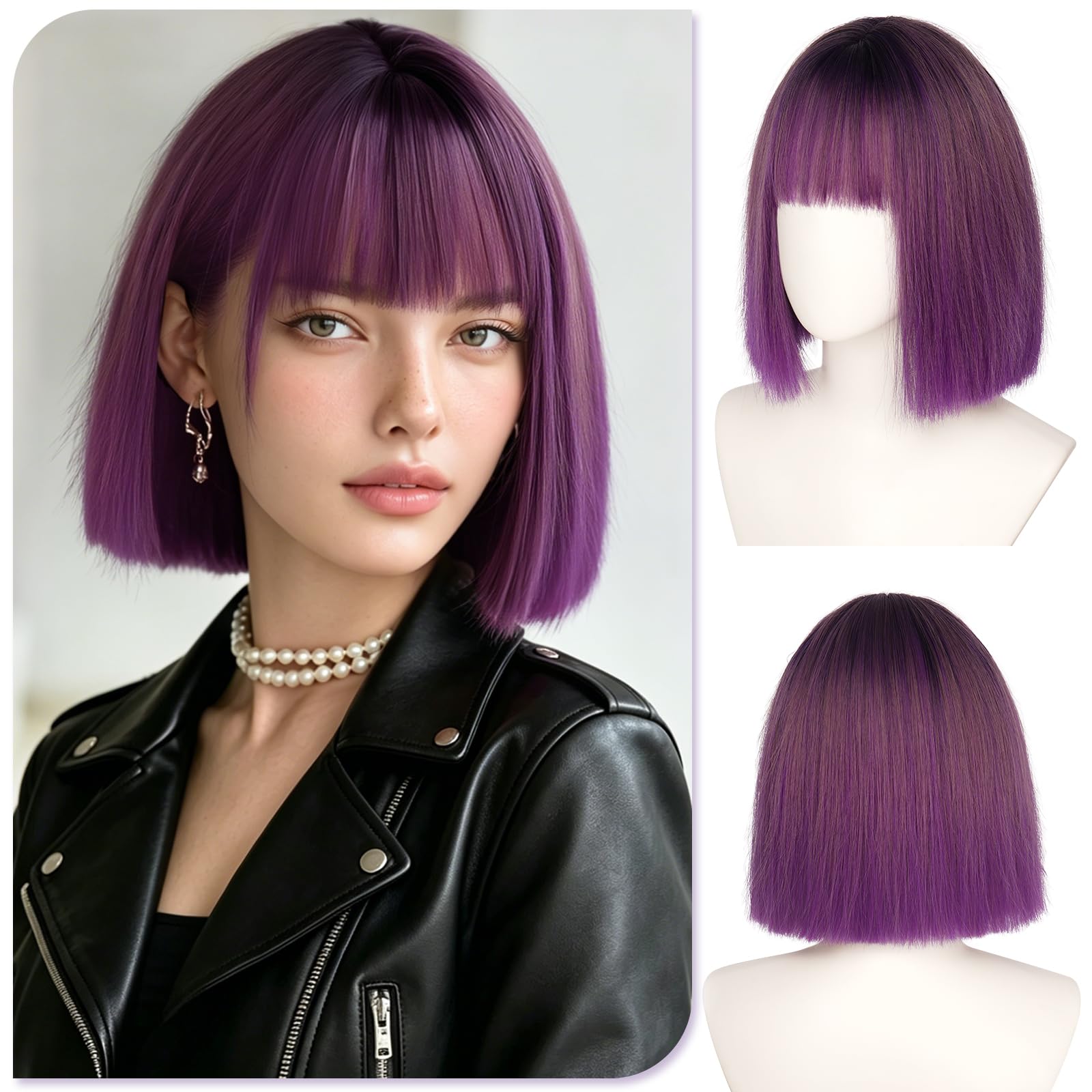 SOFEIYAN Short Purple Ombre Black Bob Wig with Bangs - 12 inch Straight Bob Wig for Women Soft Synthetic Hair Wigs with Face-Framing Curtain Bangs Natural Looking for Daily Wear or Cosplay Party Use