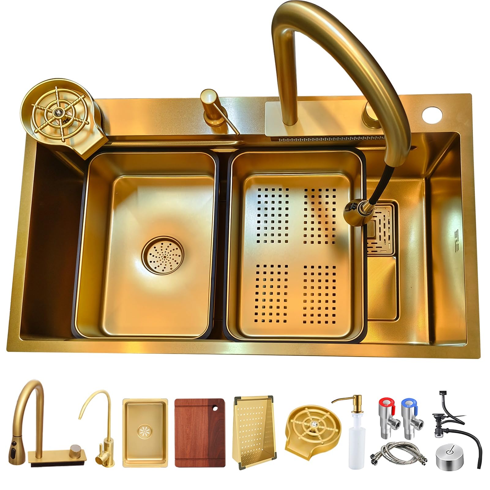 HYSOPSPX Large Single Bowl Workstation Sink,Stainless Steel Waterfall Sink,Multifunctional Kitchen, Integrated Faucet,Temperature-Controlled(Gold,80x50cm)