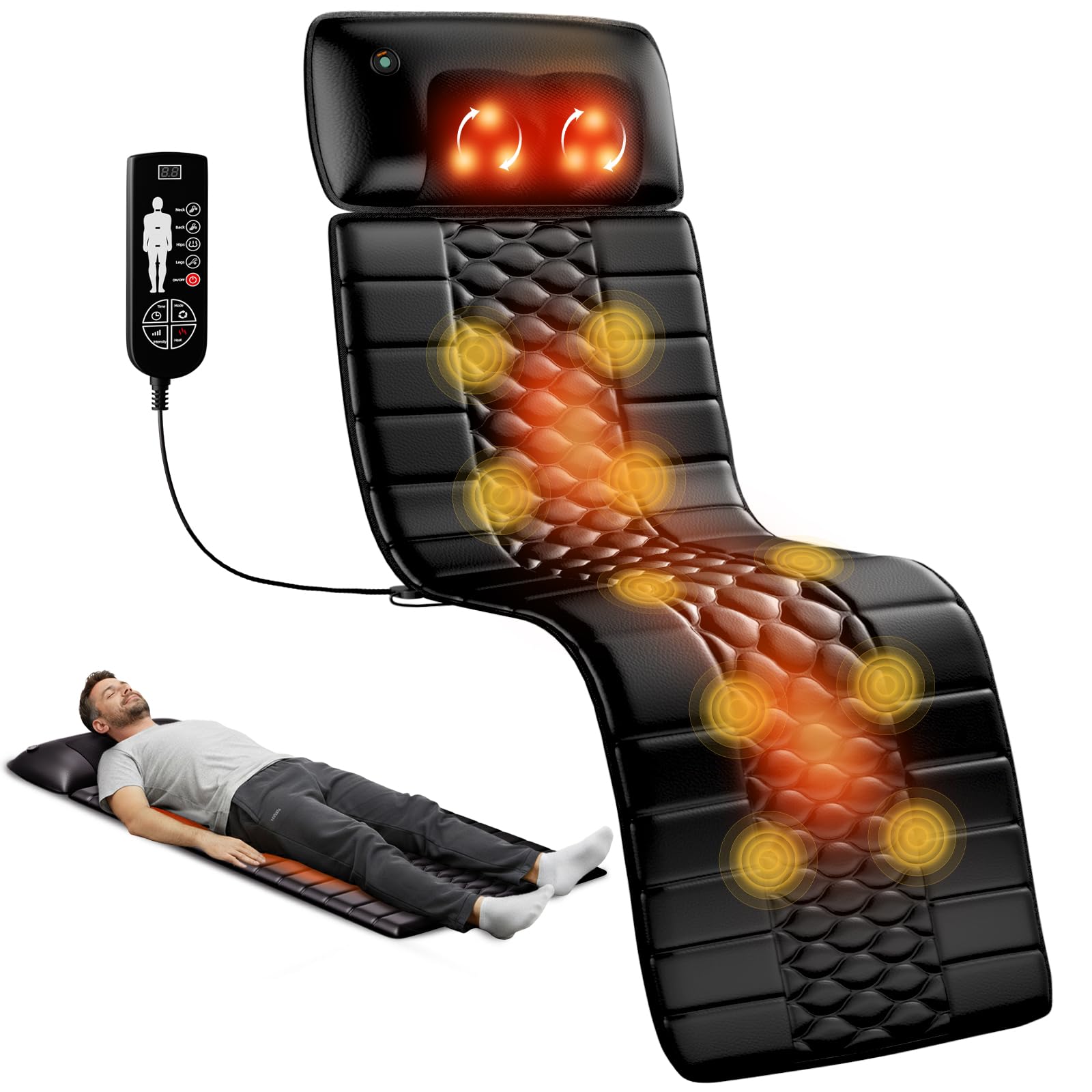Shiatsu Full Body Massage Mat with Heat, Detachable Massager Pad, 10 Vibrating Motors, 9 Intensity Levels, Deep Tissue Pain Relief for Back, Neck & Legs – Relaxation at Home or Office